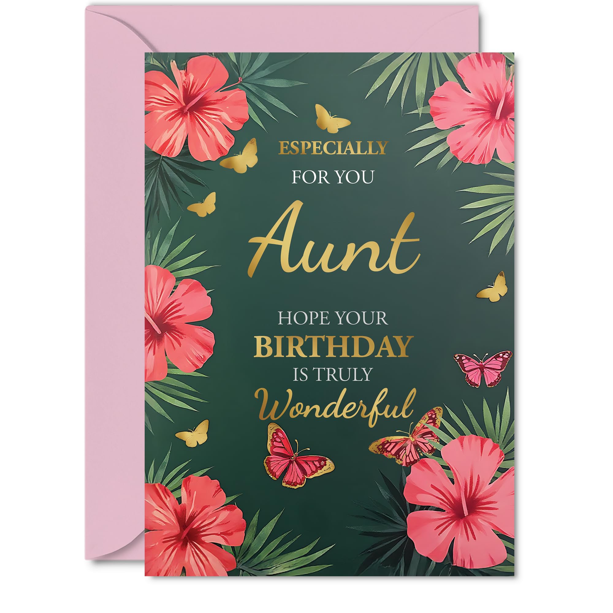 Gold Aunt Birthday Card - Butterflies & Flowers - Happy Birthday Card for Aunt from Nephew Niece, A5 Golden Butterflies & Flowers Bday Greeting Cards