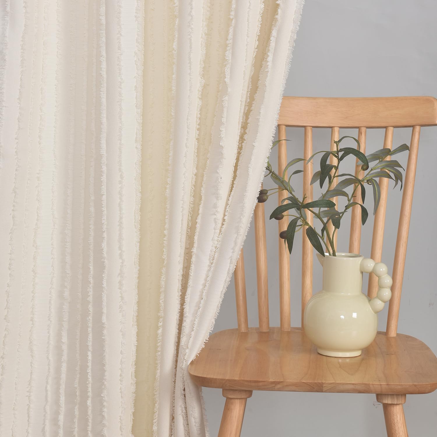 Roslynwood Bohemian Sheer Curtains Cream Curtains Linen Curtains 96 Inch Length Rod Pocket - Light-Filtering Voile Panel for Living Room, 2 Panels