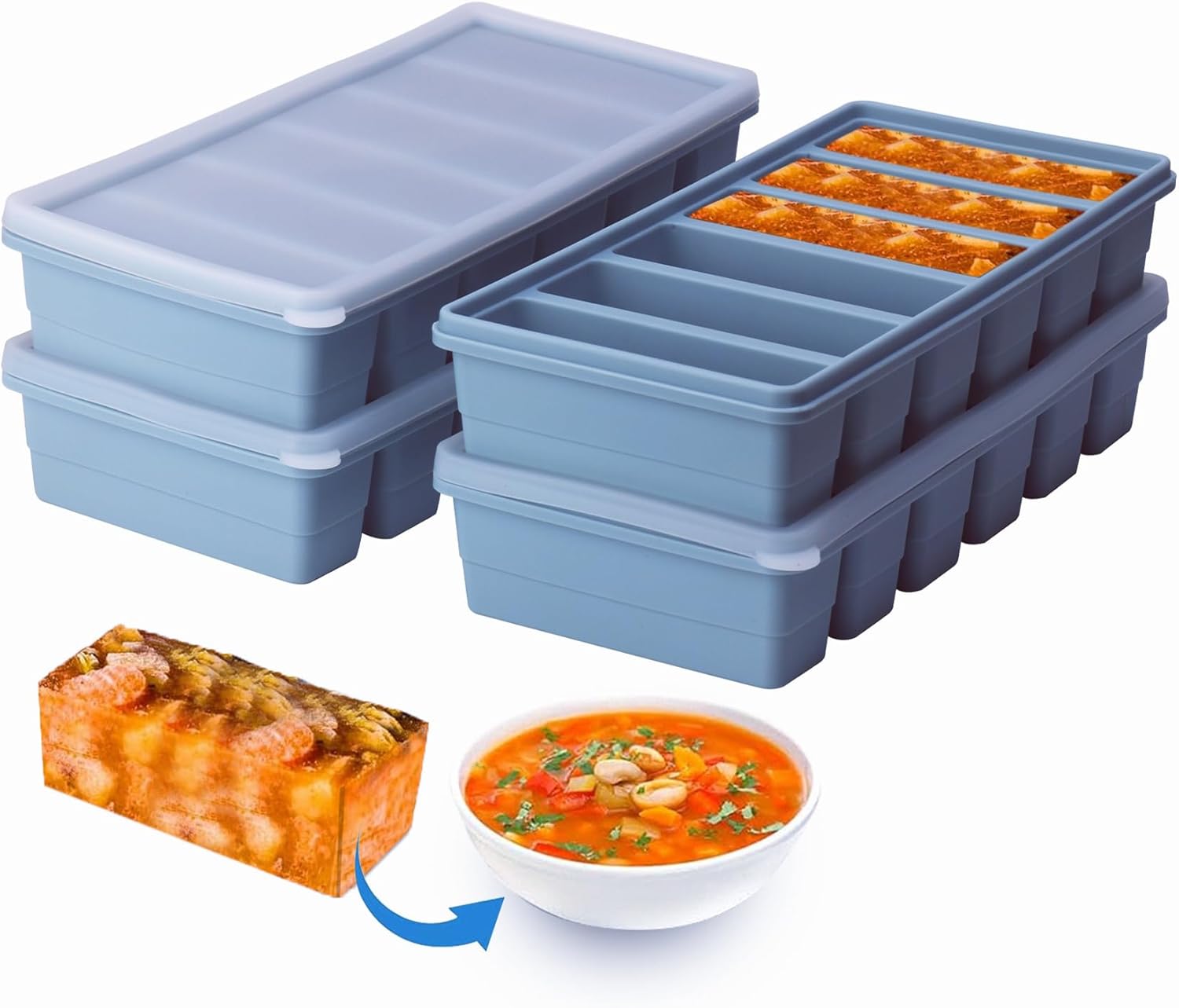 1/2 Cup Silicone Freezer Tray With Lid - Silicone Freezer Molds 4-Pack For meal prep & freezing of various sauces and other dishes, makes 24 perfect 1/2 cup portions cubes (Blue 4 Pack)