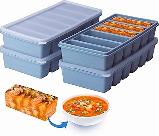 BECOKIT 1/2 Cup Silicone Freezer Tray With Lid - Silicone Freezer Molds 4-Pack For meal prep & freezing of various sauces and other dishes, makes 24 perfect 1/2 cup portions cubes (Blue 4 Pack)