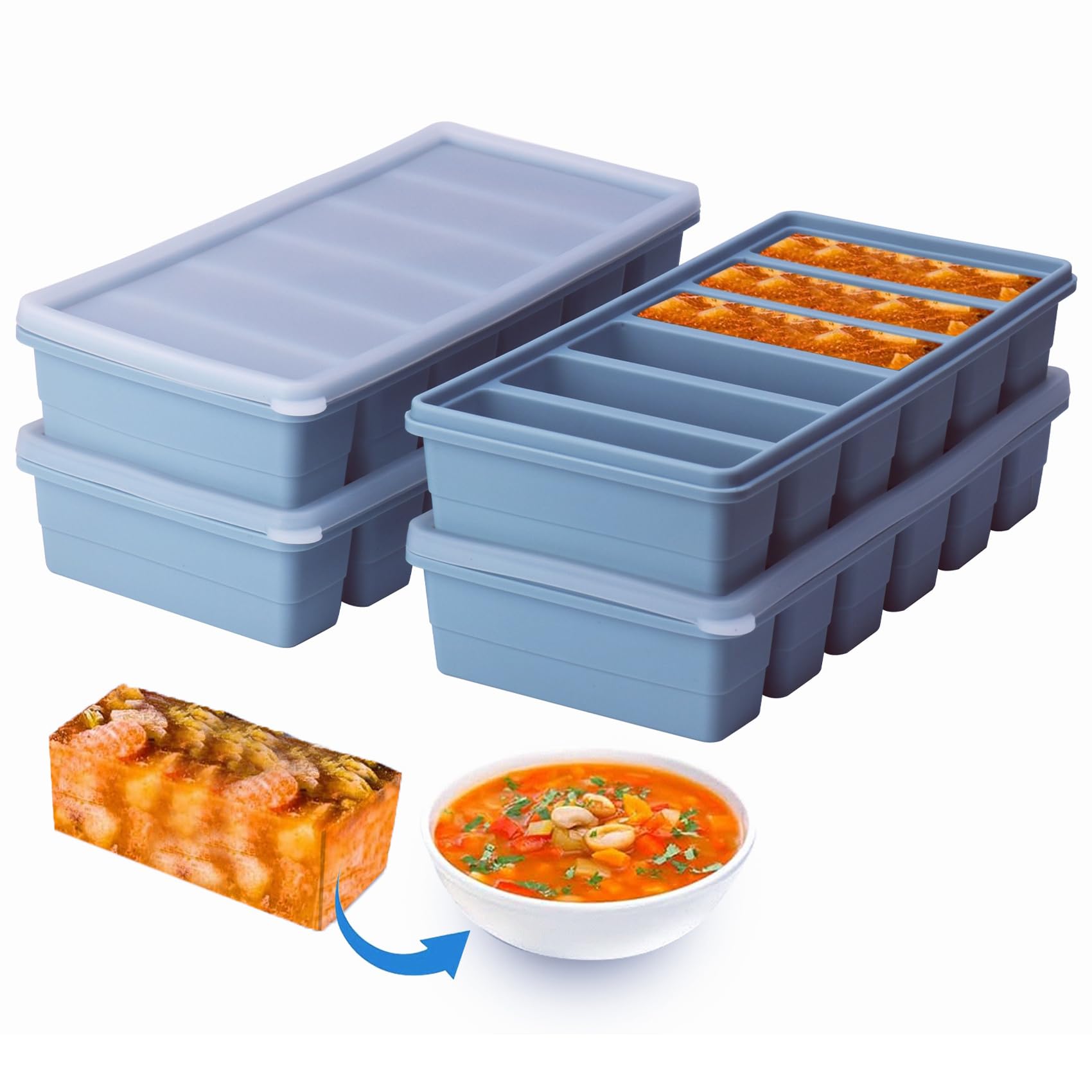 1/2 Cup Silicone Freezer Tray With Lid - Silicone Freezer Molds 4-Pack For meal prep &amp; freezing of various sauces and other dishes, makes 24 perfect 1/2 cup portions cube (Blue 4 Pack)