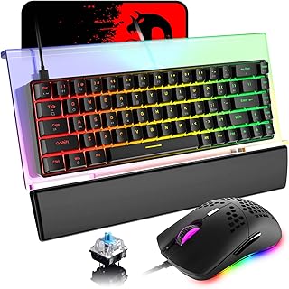 60% Mechanical Gaming Keyboard Compact Type C Wired RGB Backlit+6400DPI LED Gaming Mouse+Clear Acrylic Keyboard Holder 366 Kinds of RGB Backlit+PU Leather Anti-Slip Memory Foam Wrist Rest+Mouse Pad