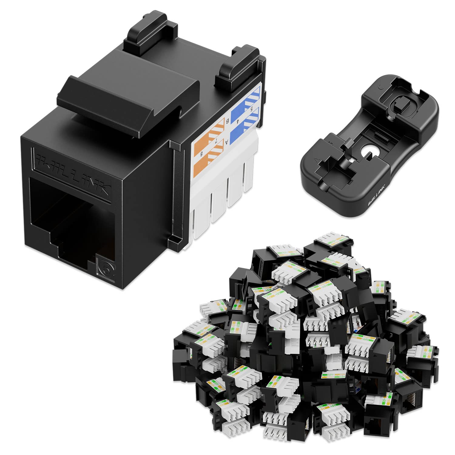 iwillink 10Gbps Cat6 Keystone Jack and Punch-Down Stand, 50-Pack, RJ45 Ethernet Keystone Jacks, 90-Degree UTP Modular Punch Down Keystone Jack Adapter