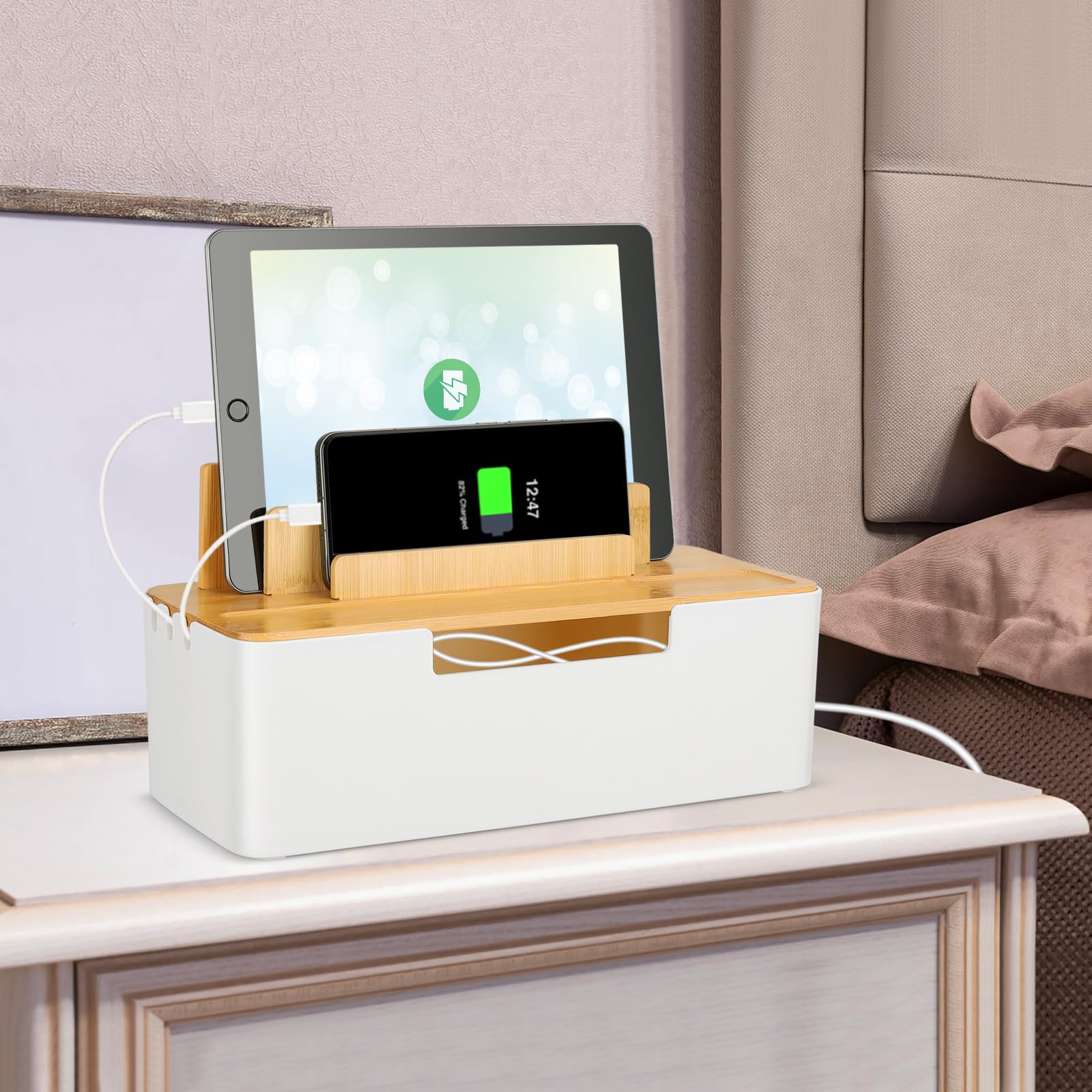 CRROEL Cable Tidy Box,Cable Management Box with Dual-purpose Lid for Phones/Tablets/Smartwatches/Book - Image 3