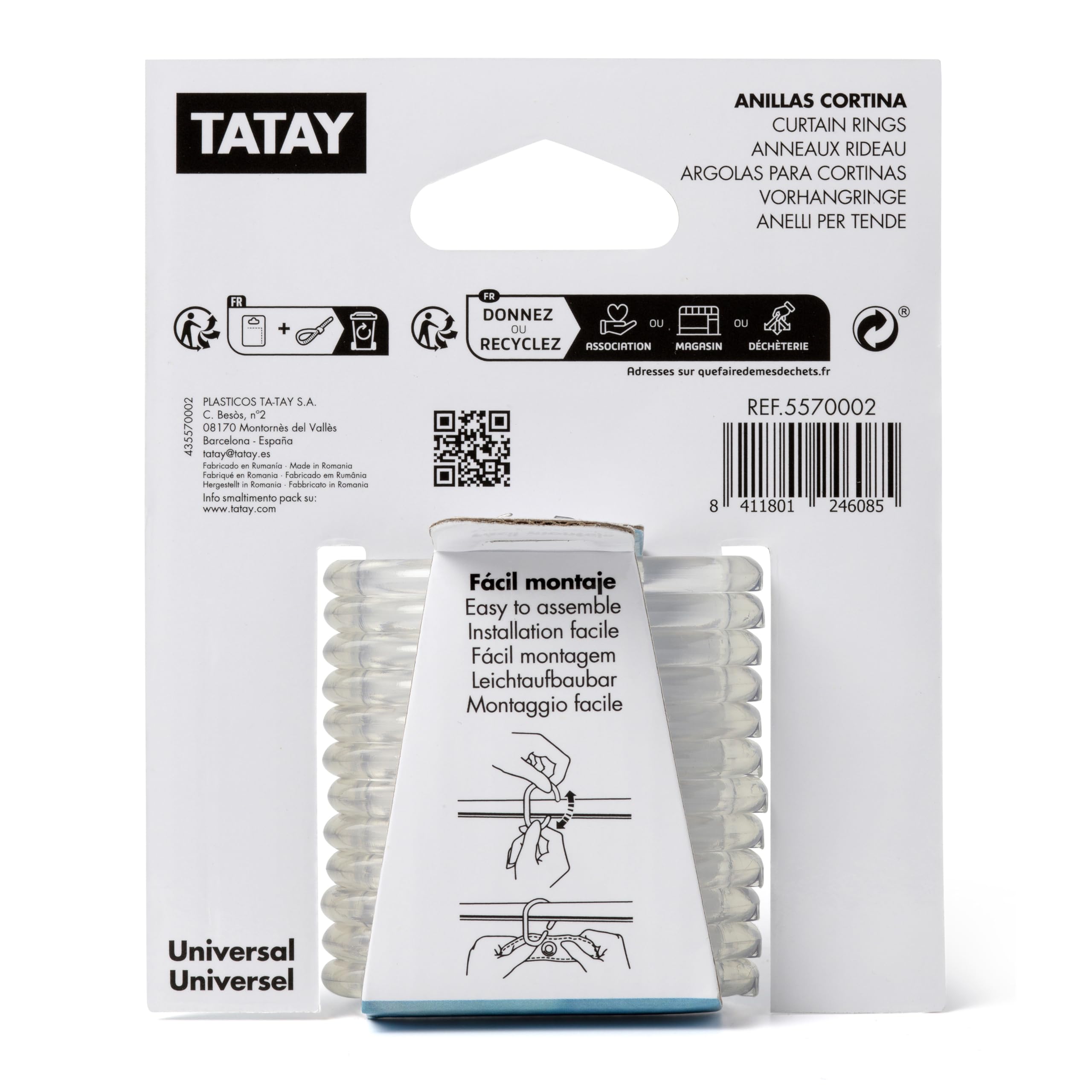 TATAY 12 Duschvorhangringe 3 cm Durchmesser Transparent | Universal Design | Robuster Kunststoff | Einfach zu Montieren | Passend für Jede Duschstange 5 Jahre Garantie