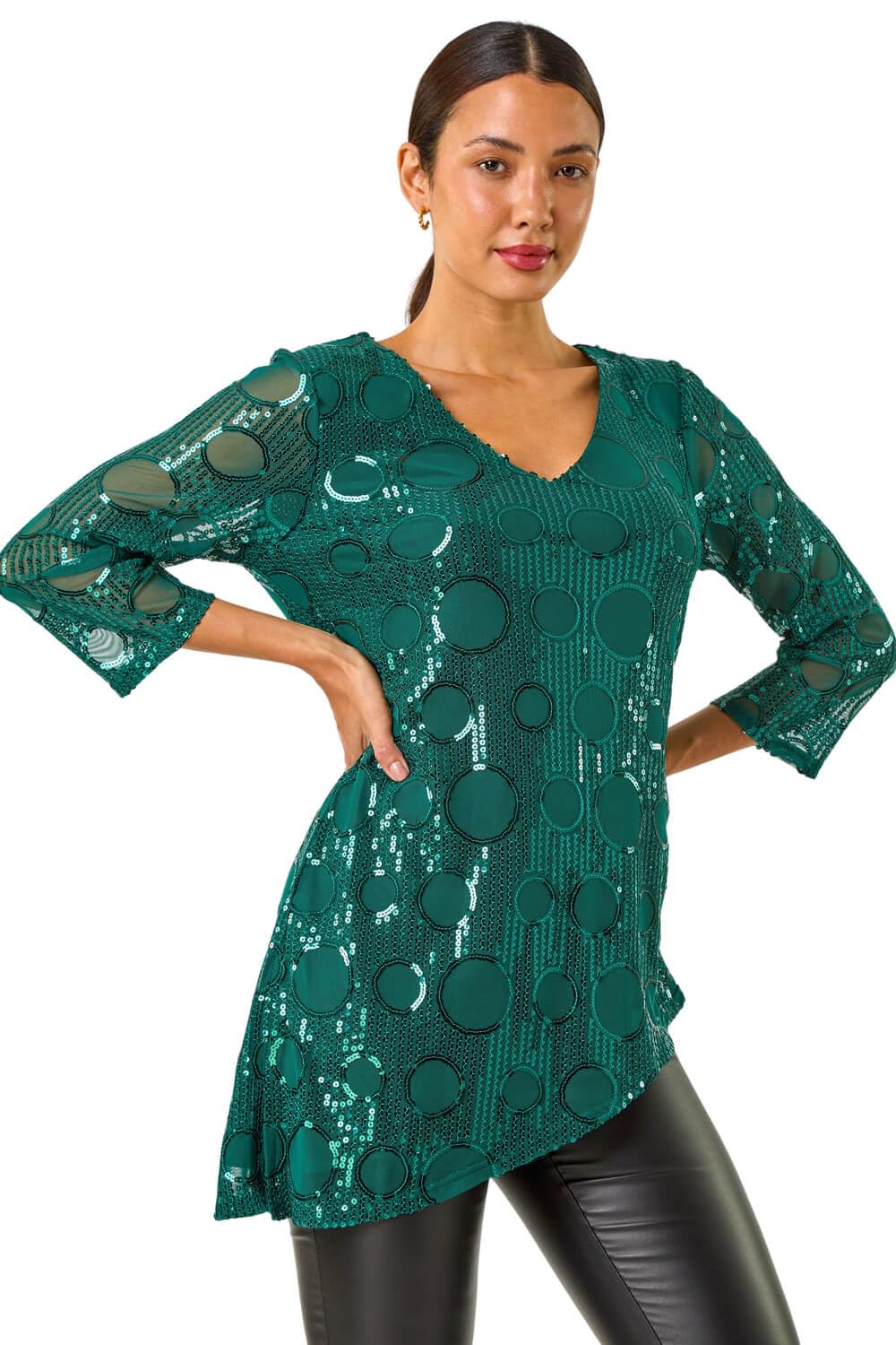 Roman Originals Women's Green Circle Sequin Asymmetric Top For Uk - Everyday Autumn Winter V-Neckline Comfy Soft Evening Vacation Work Party Night Out - Size 20