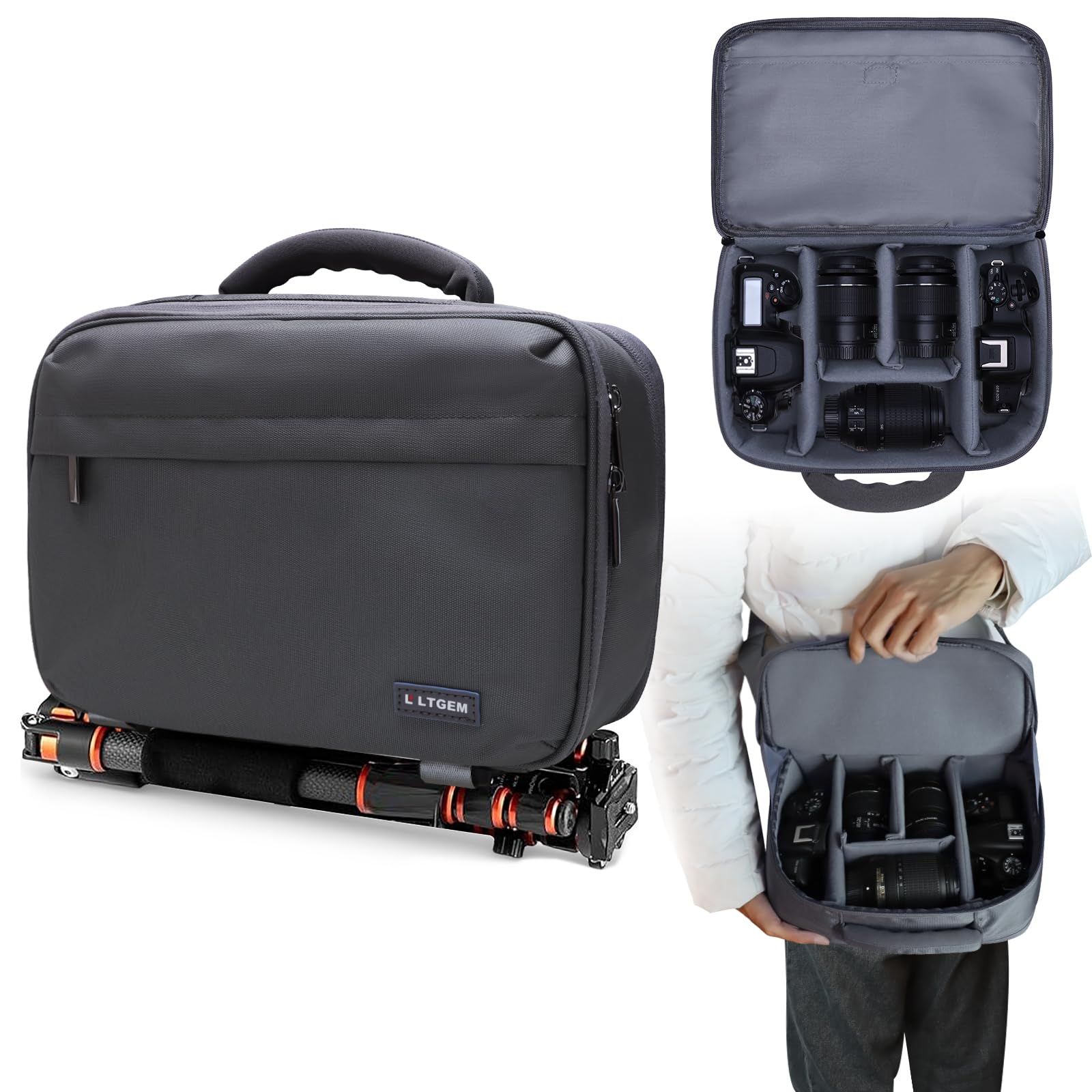 LTGEM Camera Bag Compatible with Canon/Sony/Nikon DSLR Camera, Camera Sling Bag Double-sided Opening for Travel, with Tripod Strap, Shoulder Strap and 6 Divider(Gray)