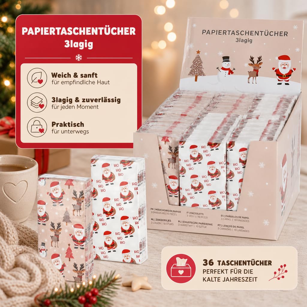MIJOMA Set di fazzoletti di carta Ho Ho Ho Ho, 3 veli, 36 confezioni, stampati bianchi, pensierini di Natale, regali di Babbo Natale, desideri di guarigione, pratici e morbidi