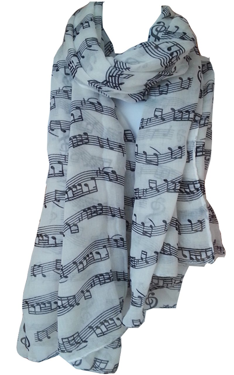 GlamLondon Music Print Scarf, Musical Note Printed Scarves, Ladies Soft Large Size Fashion Wrap Sarong Shawl (White)