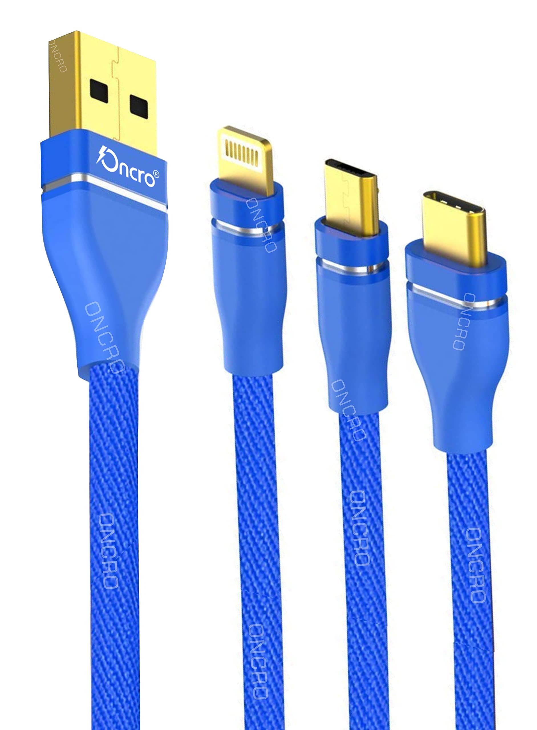 ONCROBlue 3 in 1 charging cable fast charging multi charging cable for car/home, 3 amp max for android i-OS, support Micro USB, Type C, i-phone Nylon Braided (Not for DATA Transfer)