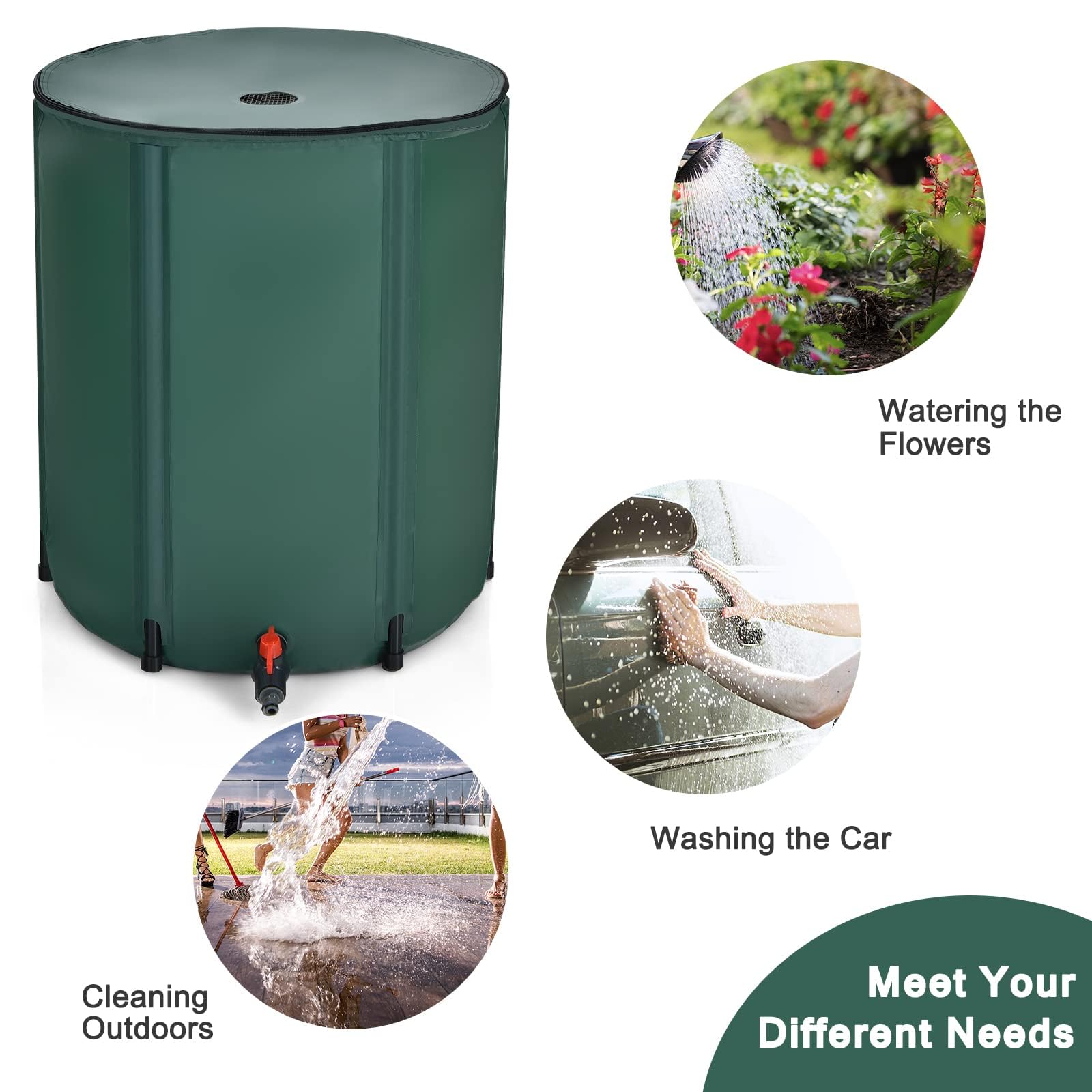 RELAX4LIFE Serbatoio Pieghevole per Acqua Piovana con Coperchio e Rubinetto e Valvola di Scarico, Filtro a Rete per Innaffiare Fiori, Lavaggio Auto, Pulizia del Giardino (225L)
