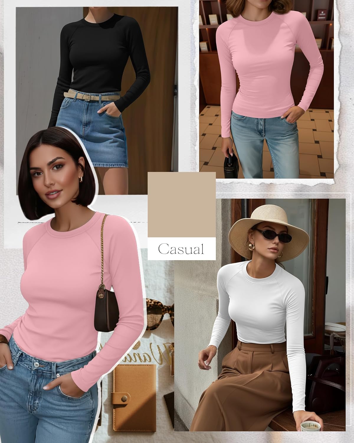 3 Pack Women's Long Sleeve Shirts, Cotton Crew Neck Tops Raglan Slim Basic Tees Solid Casual Trendy Shirts(Black, White, Pink,XX-Large) - Image 4
