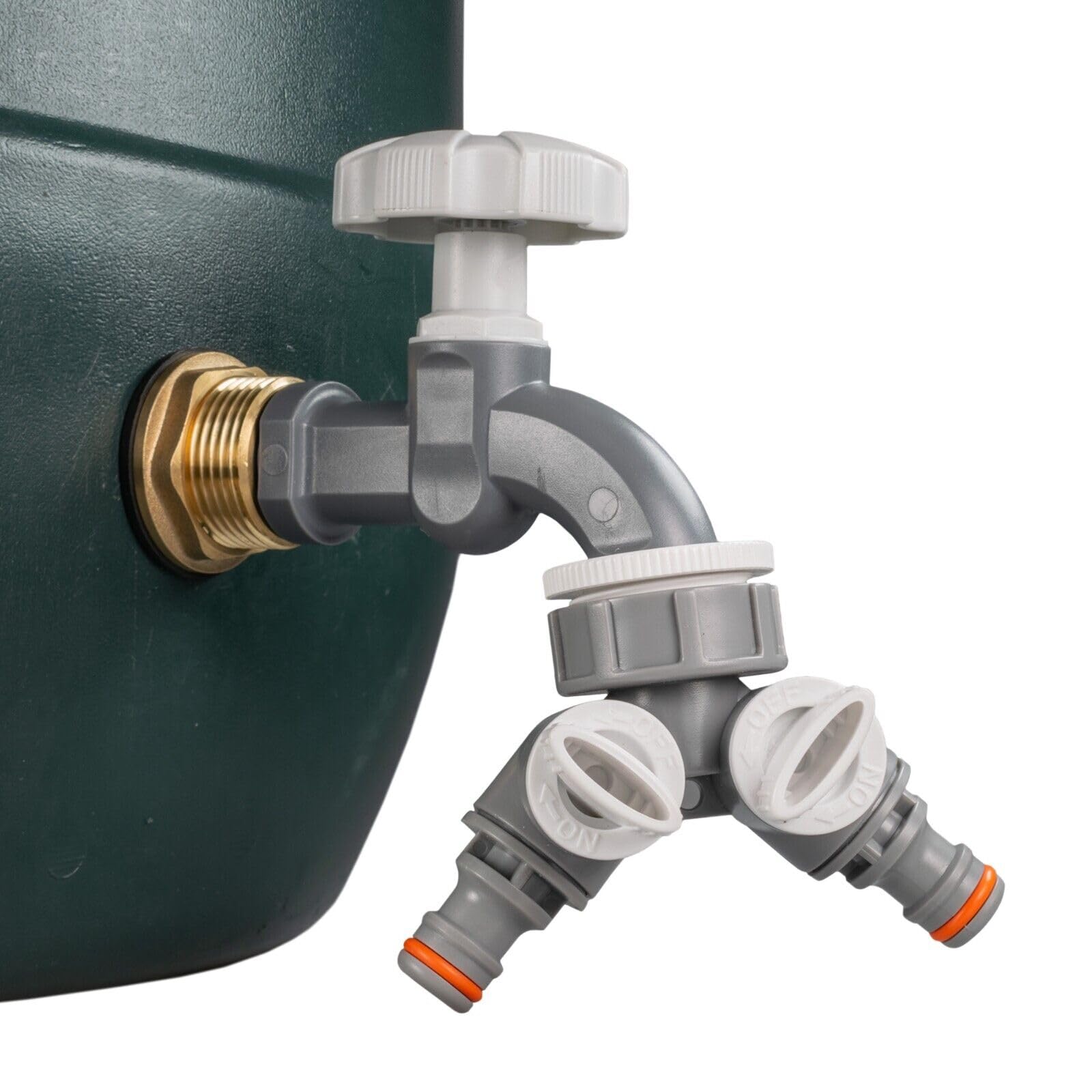 3/4" Water Butt Replacement Faucet – Brass Metal Lever Tap with UK Bib Outlet & Hose Barb Adapter,Quick Connect Garden Hosepipes (Grey tap + valved Splitter)