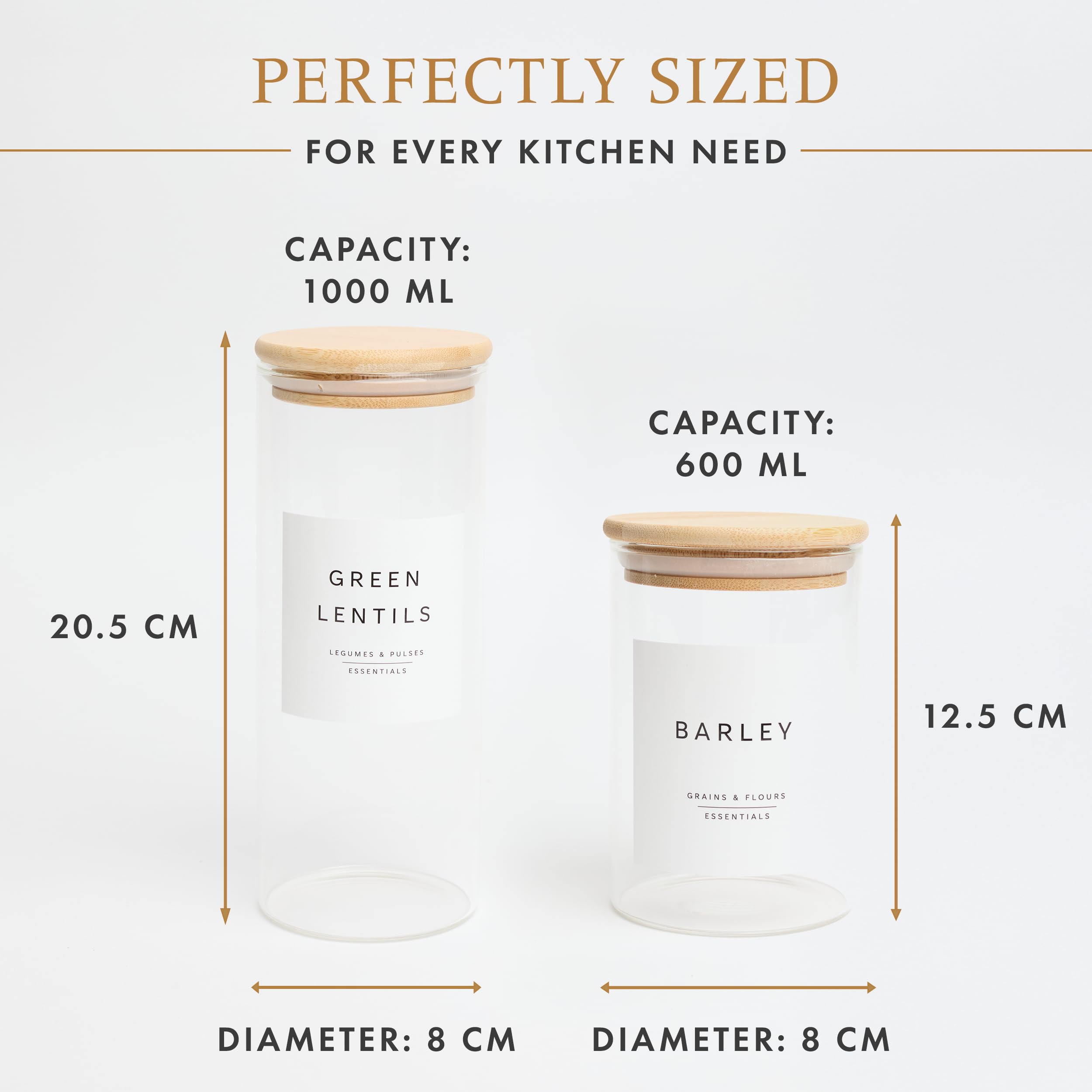 Livabl Recipientes de almacenamiento de vidrio con tapas, juego de 12 (8 x 600 ml y 4 de 1000 ml), tarros de vidrio con tapas de bambú y 420 etiquetas preimpresas para despensa, recipientes de