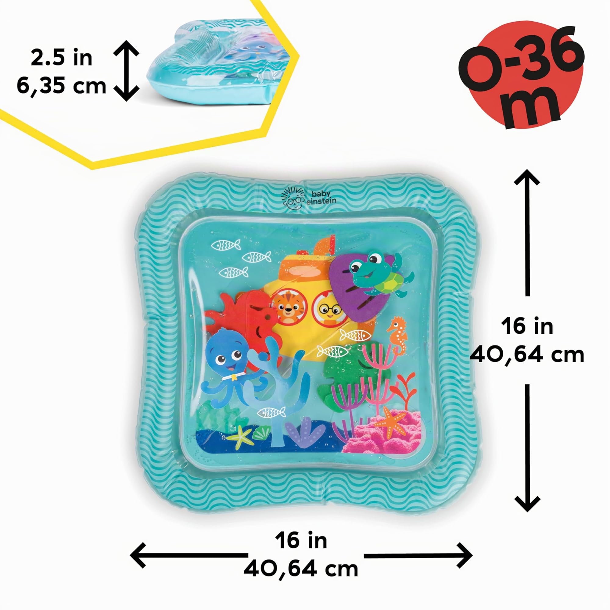 Baby Einstein, Tappetino d'acqua Sensory Splash Ocean Explorers, per giocare a pancia in giù o da seduti, 0-36 mesi