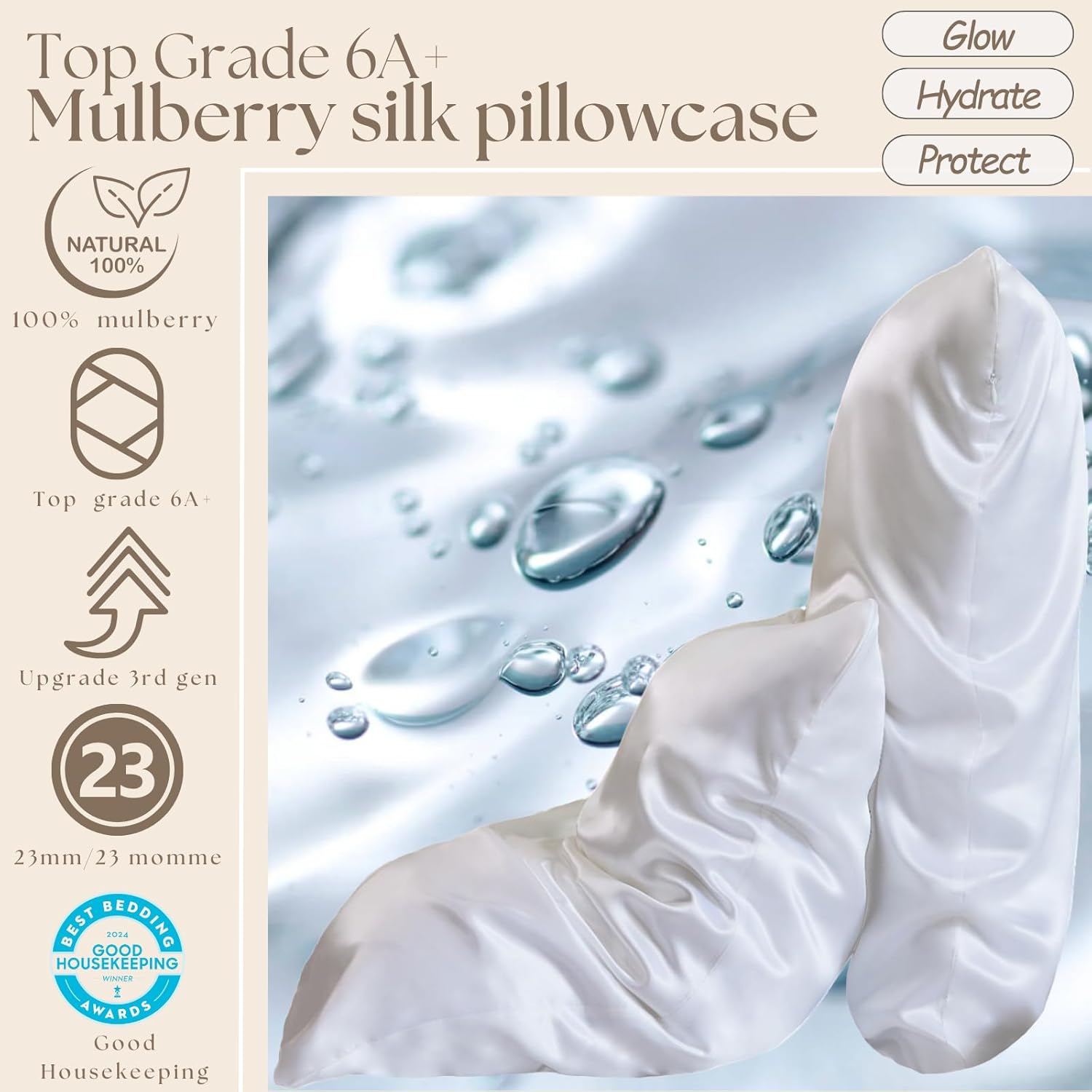 PROMEED Hyaluronic Acid Silk Pillowcase 100% Mulberry, Ultra-Hydrating 23 Momme Silk Pillow Case for Hair and Skin, Grade 6A+, Lock in Moisture Overnight (White, King-20"x36")