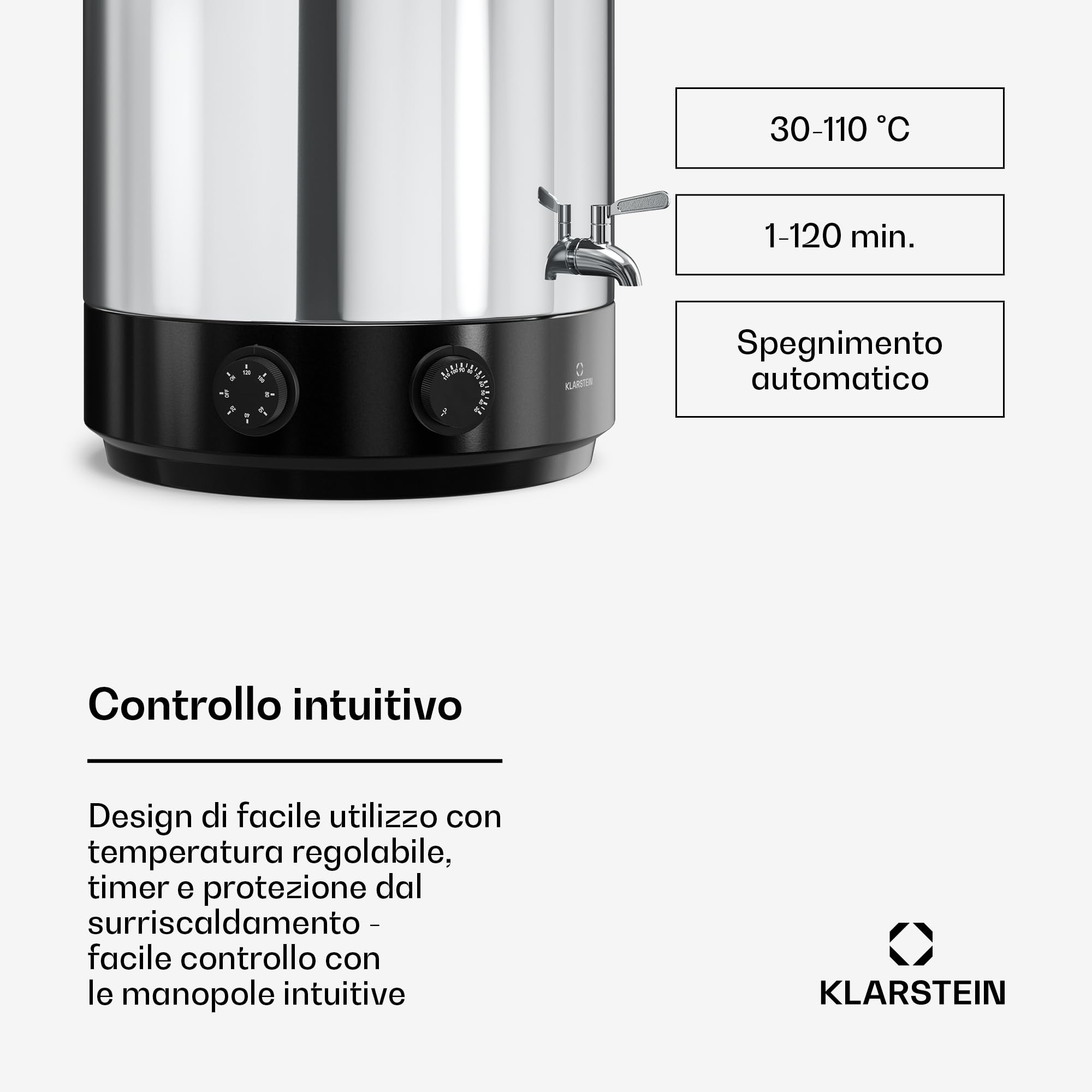 Klarstein Biggie Sterilizzatore Meccanico per Conserve 25 L in Acciaio Inox con Rubinetto in Acciaio Inox, 1800 W, 30–110 °C, Timer, Vin Brulé