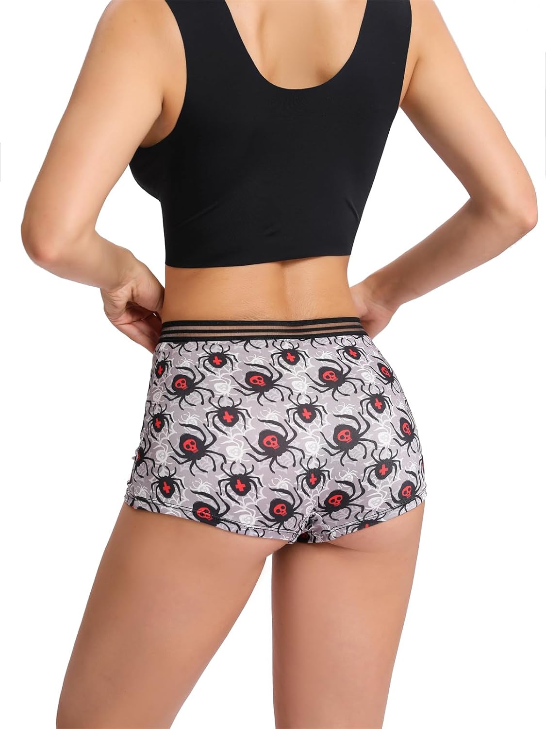 Morvia Gothic Halloween Print Boyshorts Underwear, 6 Pack, High Waist Contrast Elastic Band, Black Red Skull Spooky Patterns - Image 6