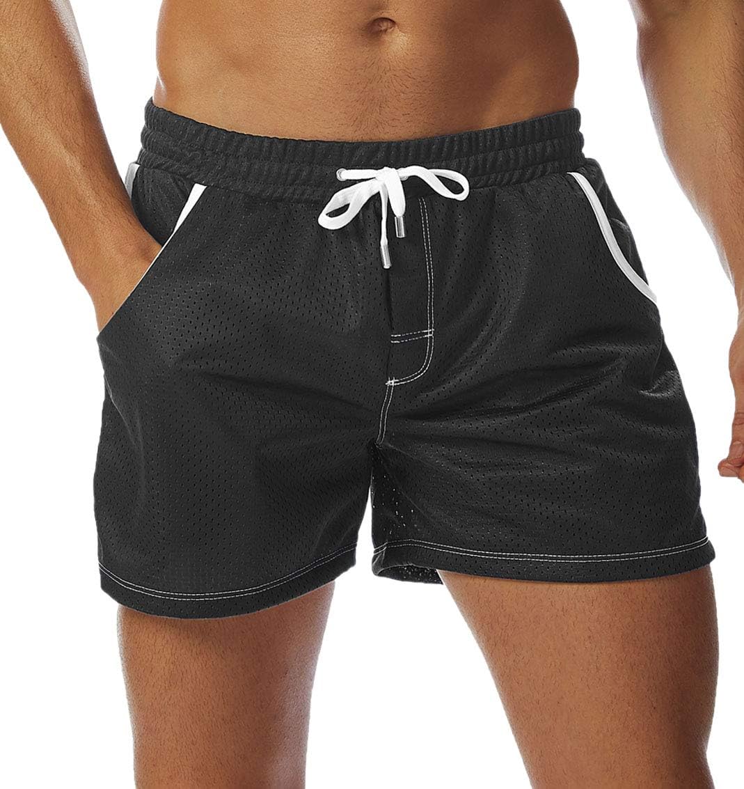 SILKWORLD Men's Running Shorts Pockets Quick-Dry Mesh Swim Trunks, Black, XX-Large