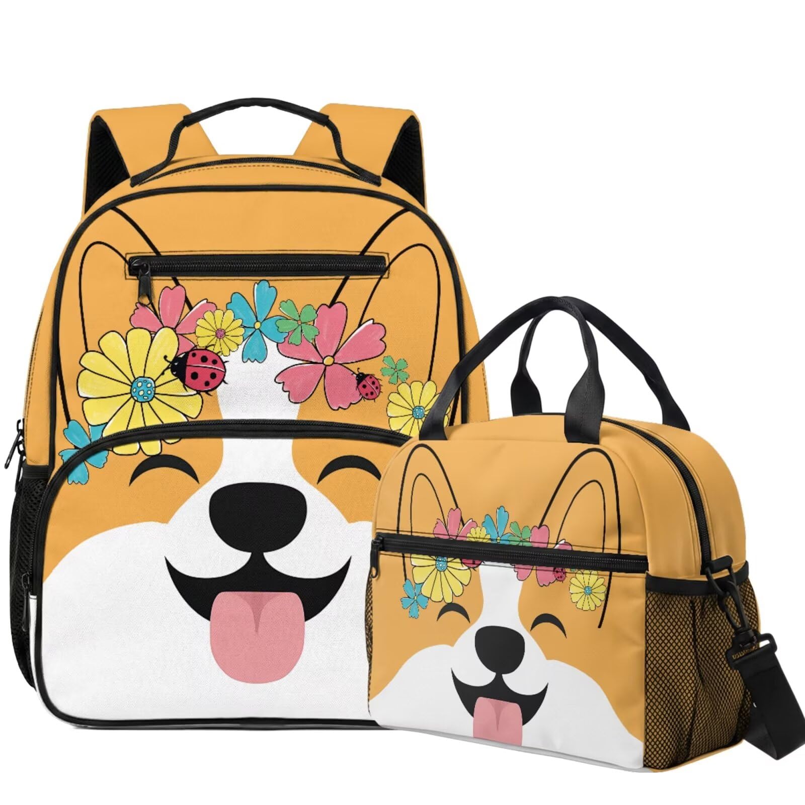 Uroczy plecak kawaii dla dziewcząt szkolnych plecak z pudełkiem na lunch przedszkole przedszkole torba szkolna 2 szt. zestaw toreb na książki, Kwiatowy Corgi, S, Klasyczny