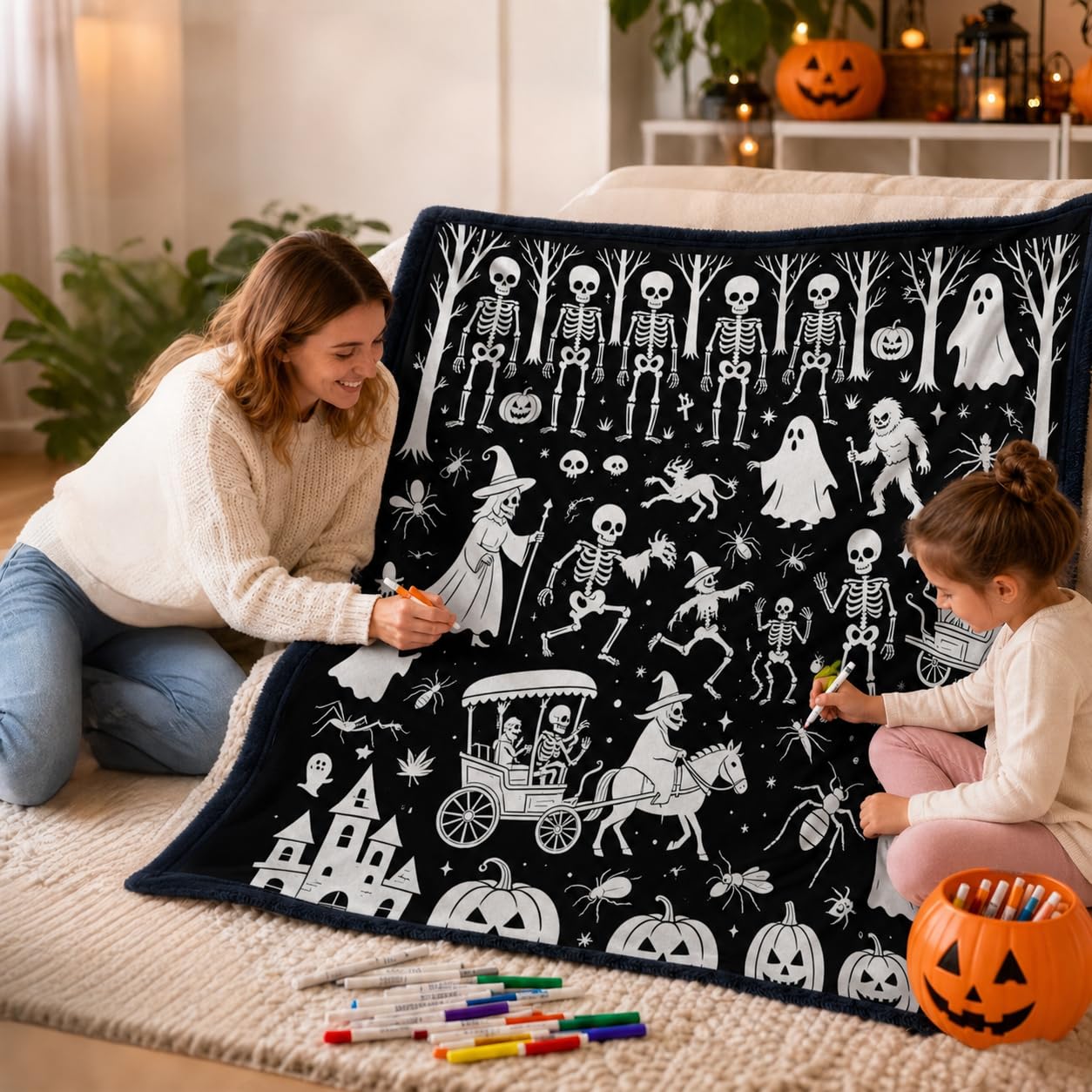 Halloween DIY Coloring Blanket with Markers, Giant Doodle Coloring Blanket, Creative Art Custom Fabric Blankets, Personalized Cozy Halloween Home Decor, Interactive Play Mat for Party Activities