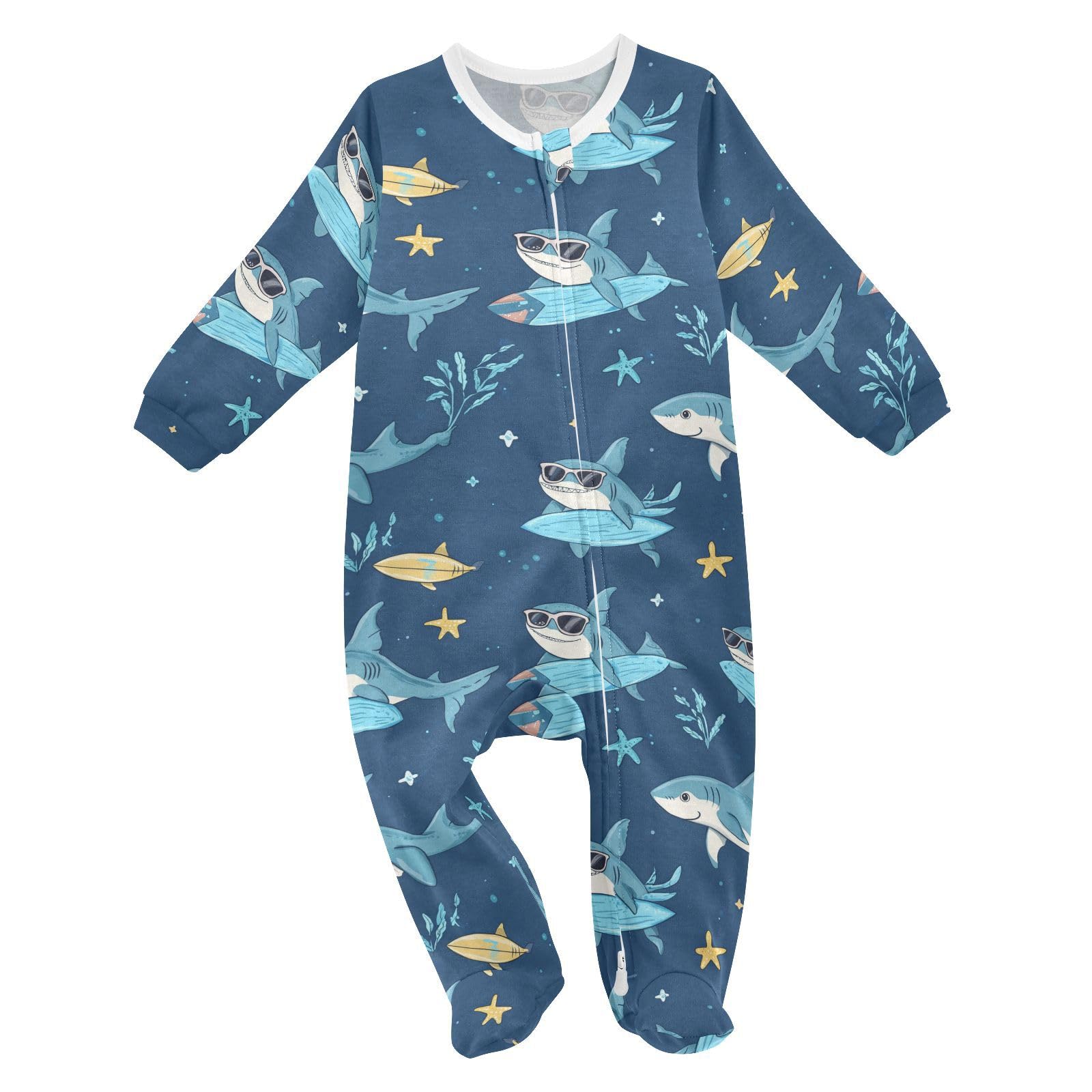 Sharks Wearing Sunglasses One-Piece Footies Surfing Surfboards Bodysuit Rompers Zipper for Boys Girls 9M