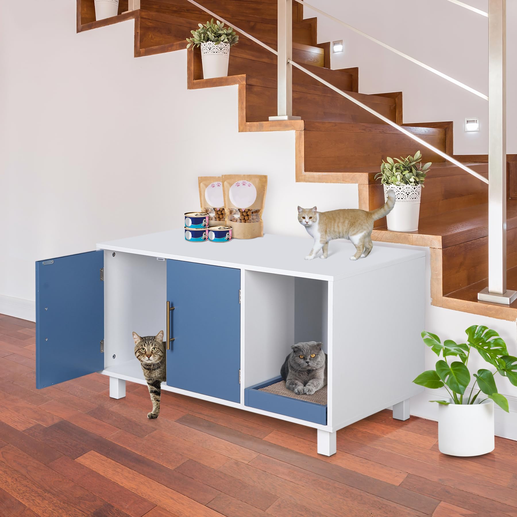 ZENY Modern Cat Litter Box & House, Wood Cat Enclosure with Scratch Pad, Side Table, Hidden Washroom Furniture, White - image 7