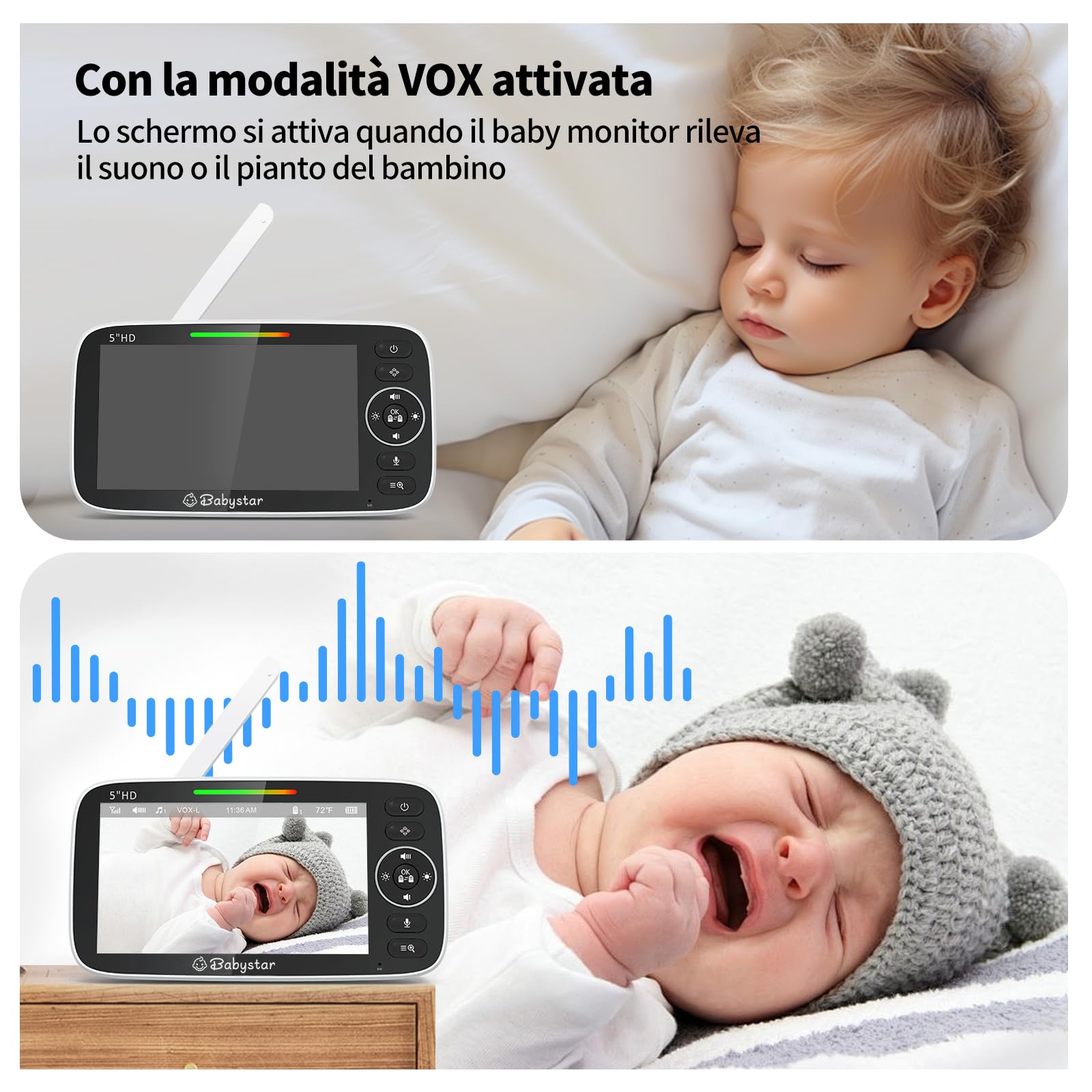 Babystar Babyphone con fotocamera da 5 pollici, 720P, video HD, senza Wi-Fi, con fotocamera e audio, batteria da 4000 mAh, funzione vox, sensore di temperatura, visione notturna, audio a 2 vie