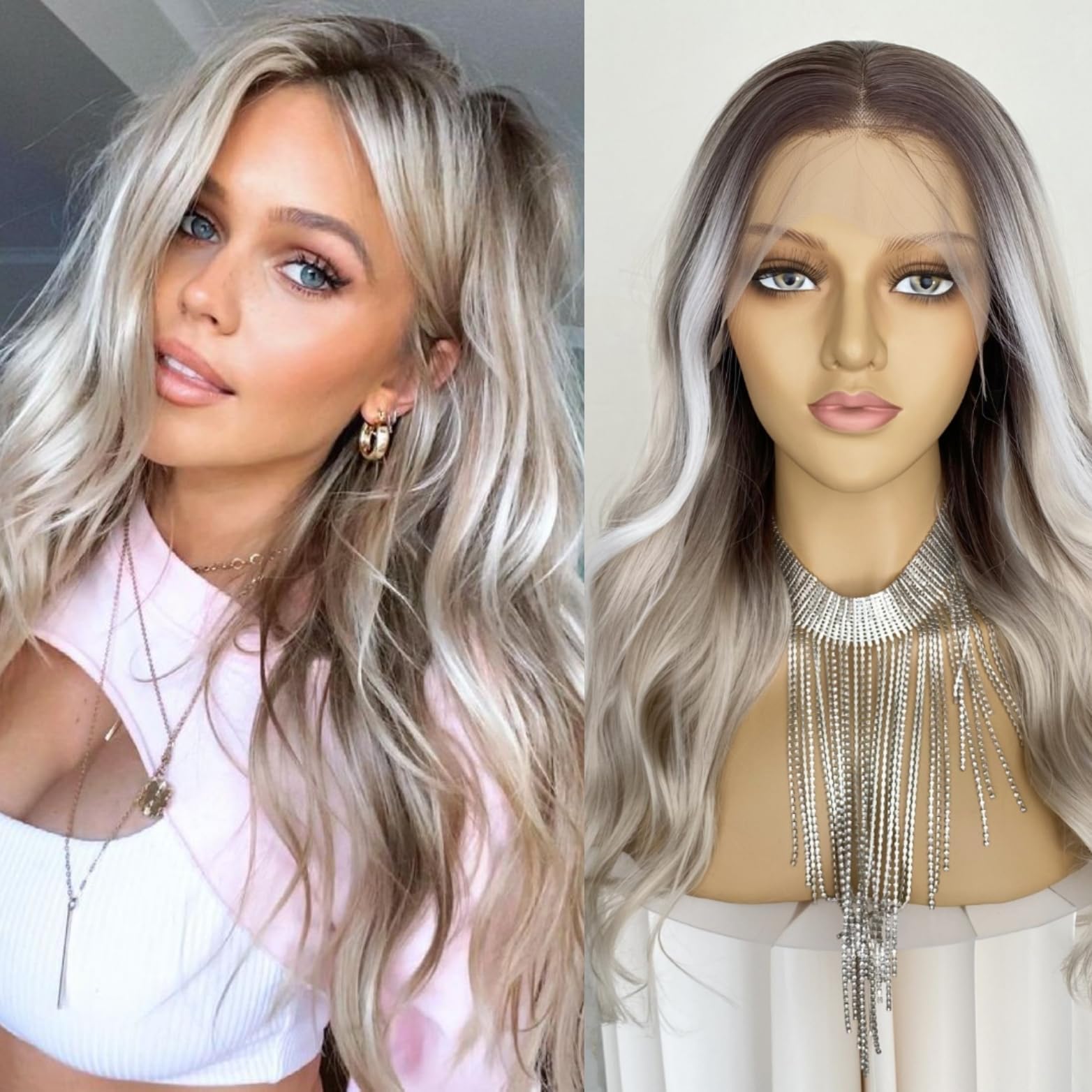 CIMITIKI Platinum Gold Wigs Highlight Silver Hair 13x4 Lace Front Wig Ash Blonde Synthetic Fiber 18Inch Pre Plucked for Women