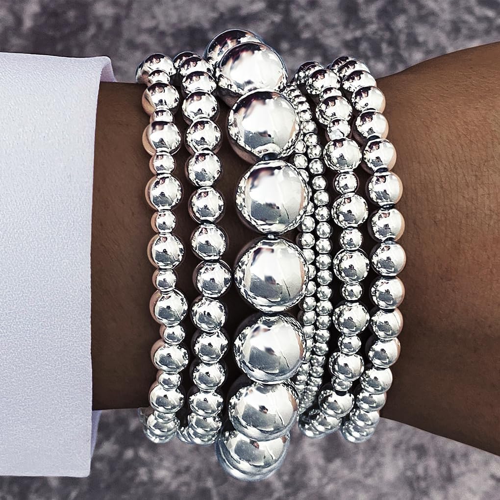 Stackable Gold Beaded Balls Bracelets Set for Women Adjustable String Beads Elastic Bracelets Stretch Silver Bead Ball Bangles Jewelry Accessories - Image 2