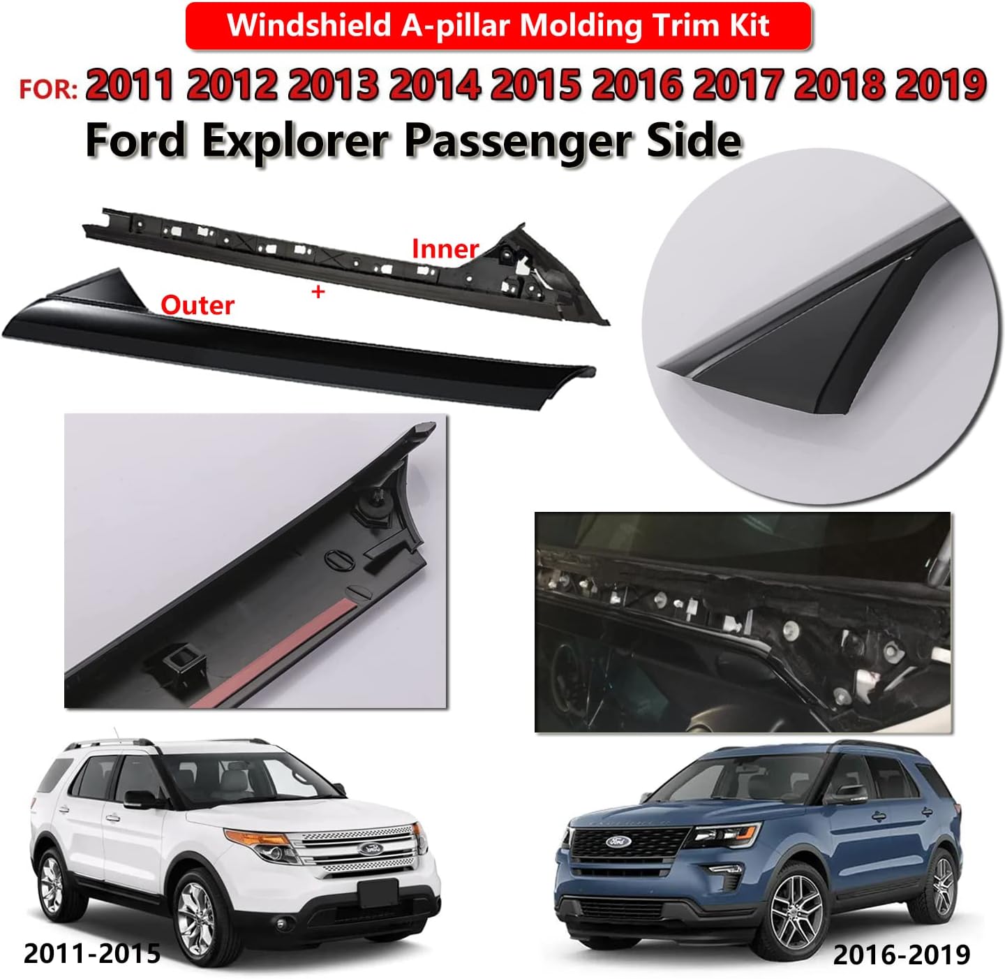 Windshield Molding Trim Front Outer Side 2011-2019 Ford Explorer,Windshield Guard Cover XLT Window Bracket Gasket Panel Replaces 926-451, BB5Z7803136AA, BB5Z7803144AA (Passenger Side)