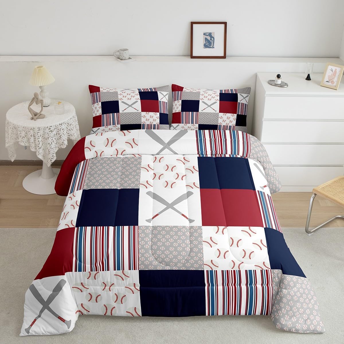 Feelyou Baseball Comforter Set Full Size Sports Game Comforter Baseball Gaming Bedding Set Gift for Baseball Lover Duvet Set Room Decor White Navy Quilt Set