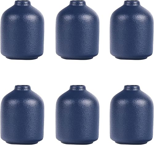 Juego de 6 jarrones pequeños azules de cerámica, color azul marino, juego de jarrones para flores, hierba de las pampas, mini jarrón de cerámica con
