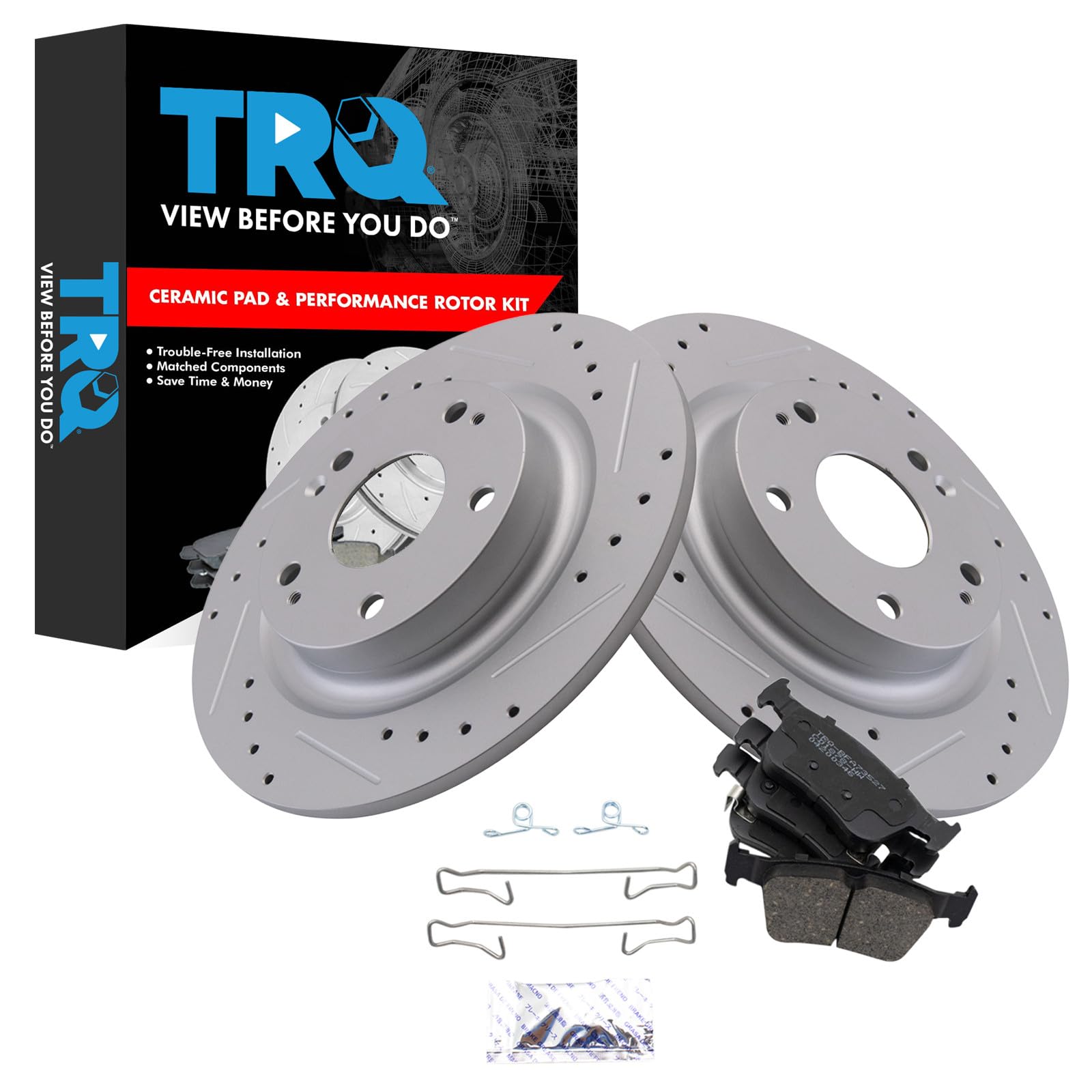 TRQ Performance Rear Brake Pad and Rotor Set Ceramic Coated Drilled Slotted Rotors Compatible with 2017-2020 Honda Civic
