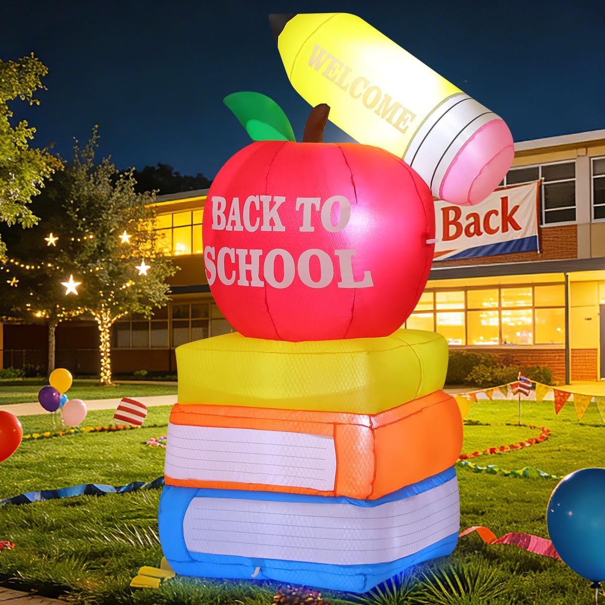 GOOSH 5.2FT Back to School Inflatables Outdoor Decorations Multi-Colored Blow up Apple & Books with Built-in LEDs for School Party Kindergarten Preschool Graduation