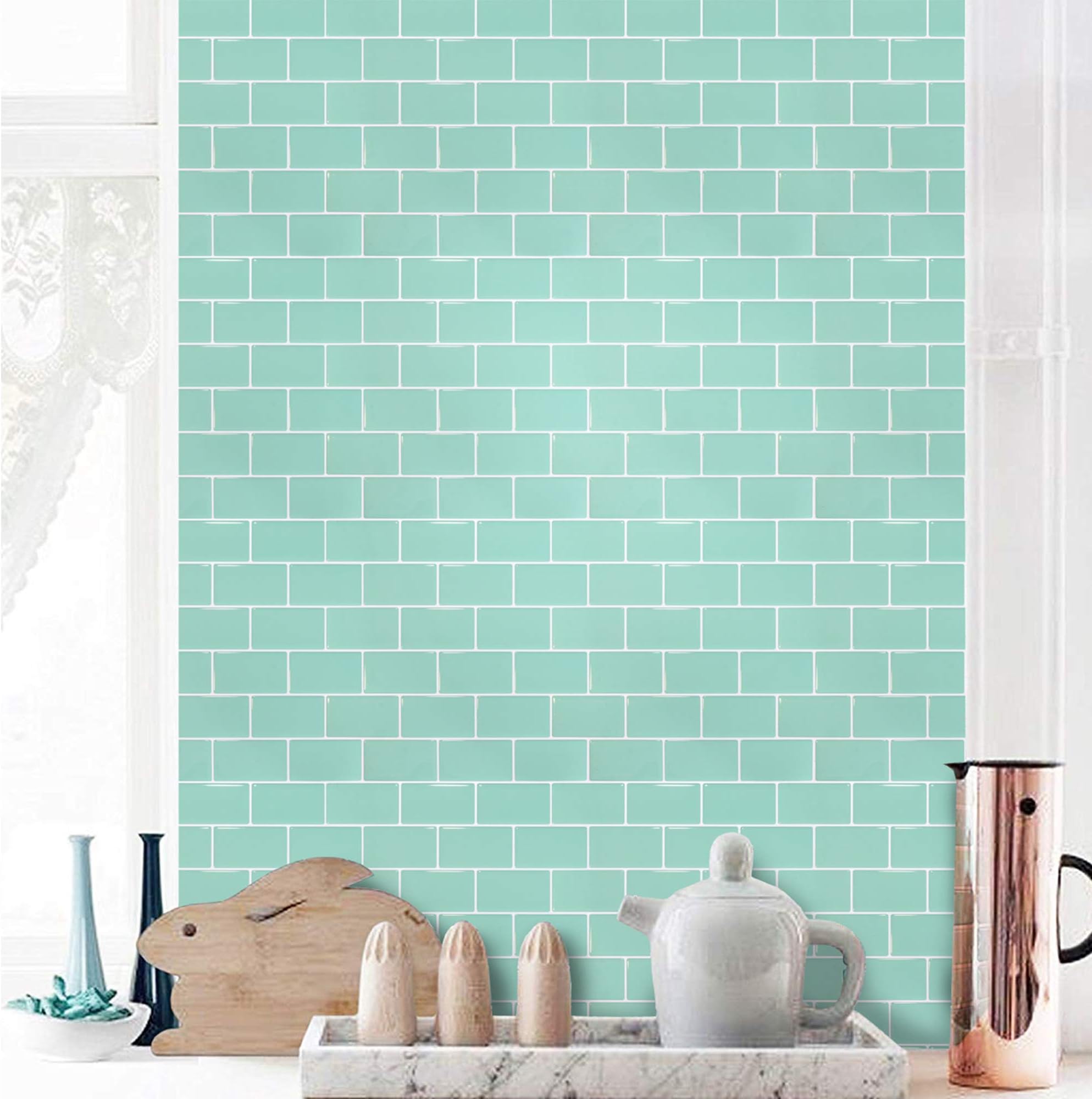 SHINGONE Peel and Stick Wall Tiles Waterproof for Kitchen and Bathroom, 3D Stick on Tiles Metro Subway Tiles Self Adhesive Tile Stickers Backsplash, Green (4 Sheets)