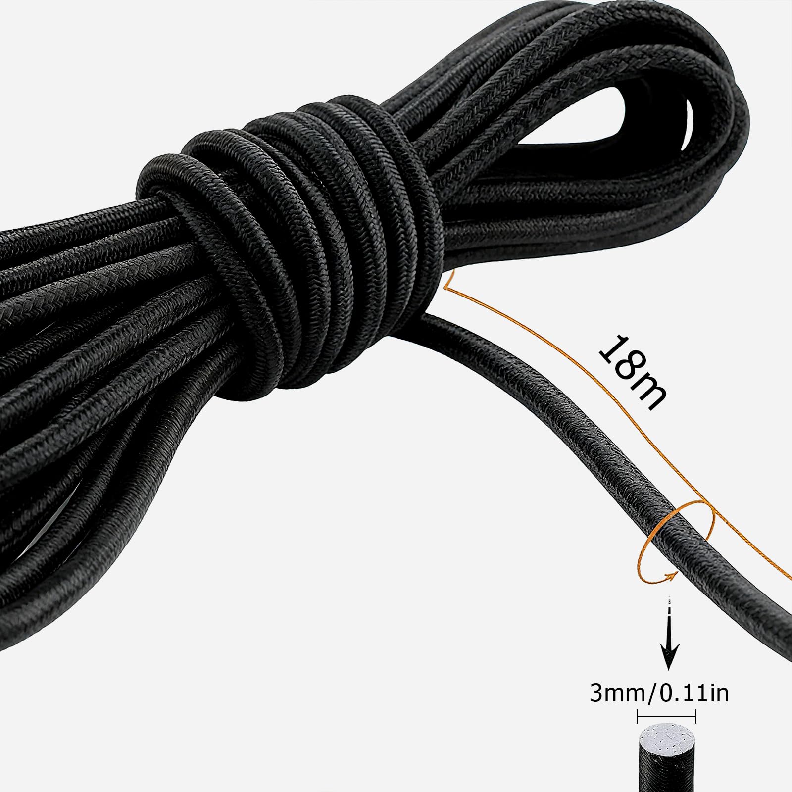 3 mm x 18 m Corda Elastica Nero,Rotonda Alta Elasticità Cordino Finitura Liscia Resistente ed Estensibile,per Lavori di Cucito Fai da Te Artigianato Tenda
