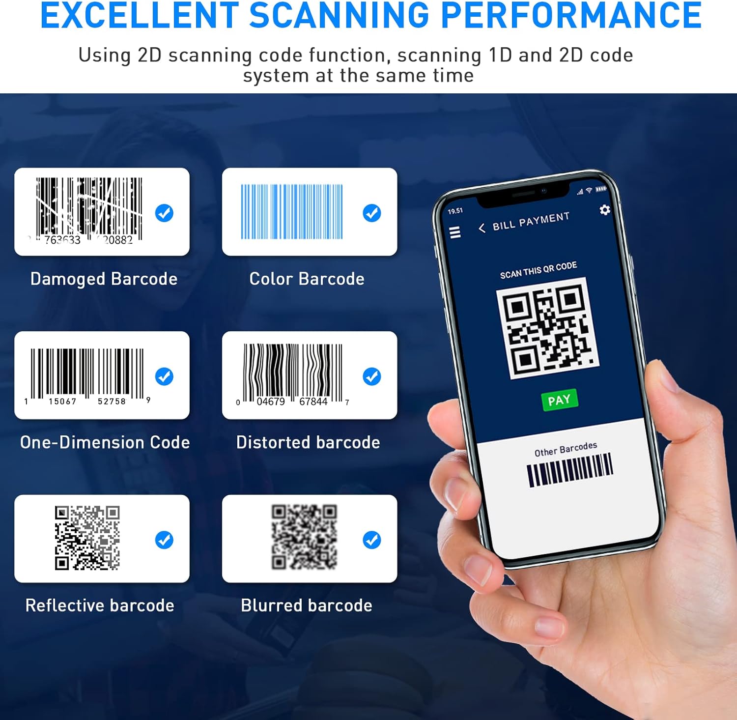 Examples of barcodes the scanner can read: Damaged, Color, One-Dimension, Distorted, Reflective, Blurred
