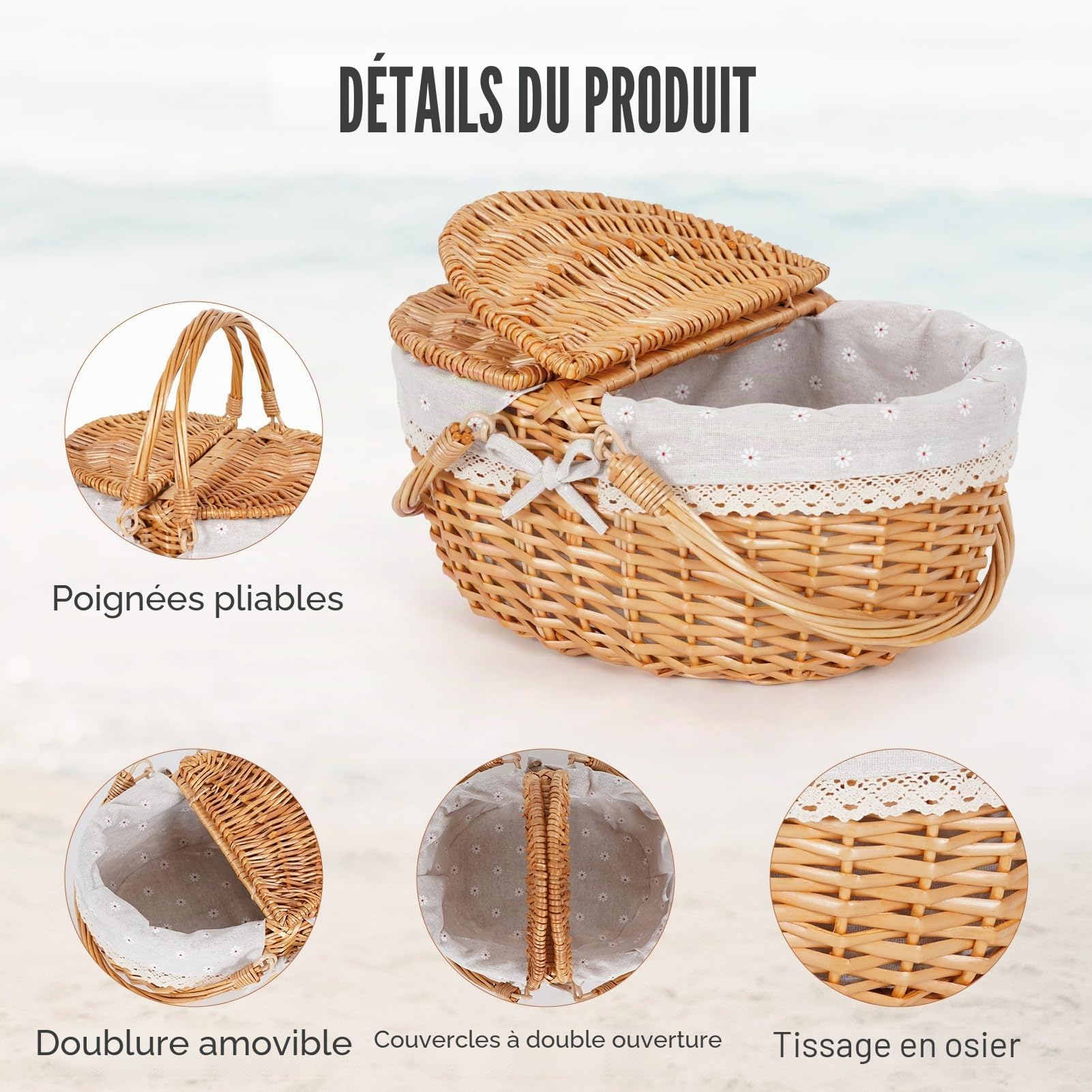 Happypicnic Grand panier de pique-nique vide en osier avec poignée, 38,1 cm avec couvercle et doublure amovible, panier vintage tissé à la main pour pique-niques, camping, cueillette de légumes, fête