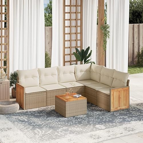 Miniatura 1 de 7-Piece Modular Garden Sofa Set in Beige and Cream White, Outdoor Furniture with PE Rattan and Steel Frame, Weather-Resistant Patio Seating with