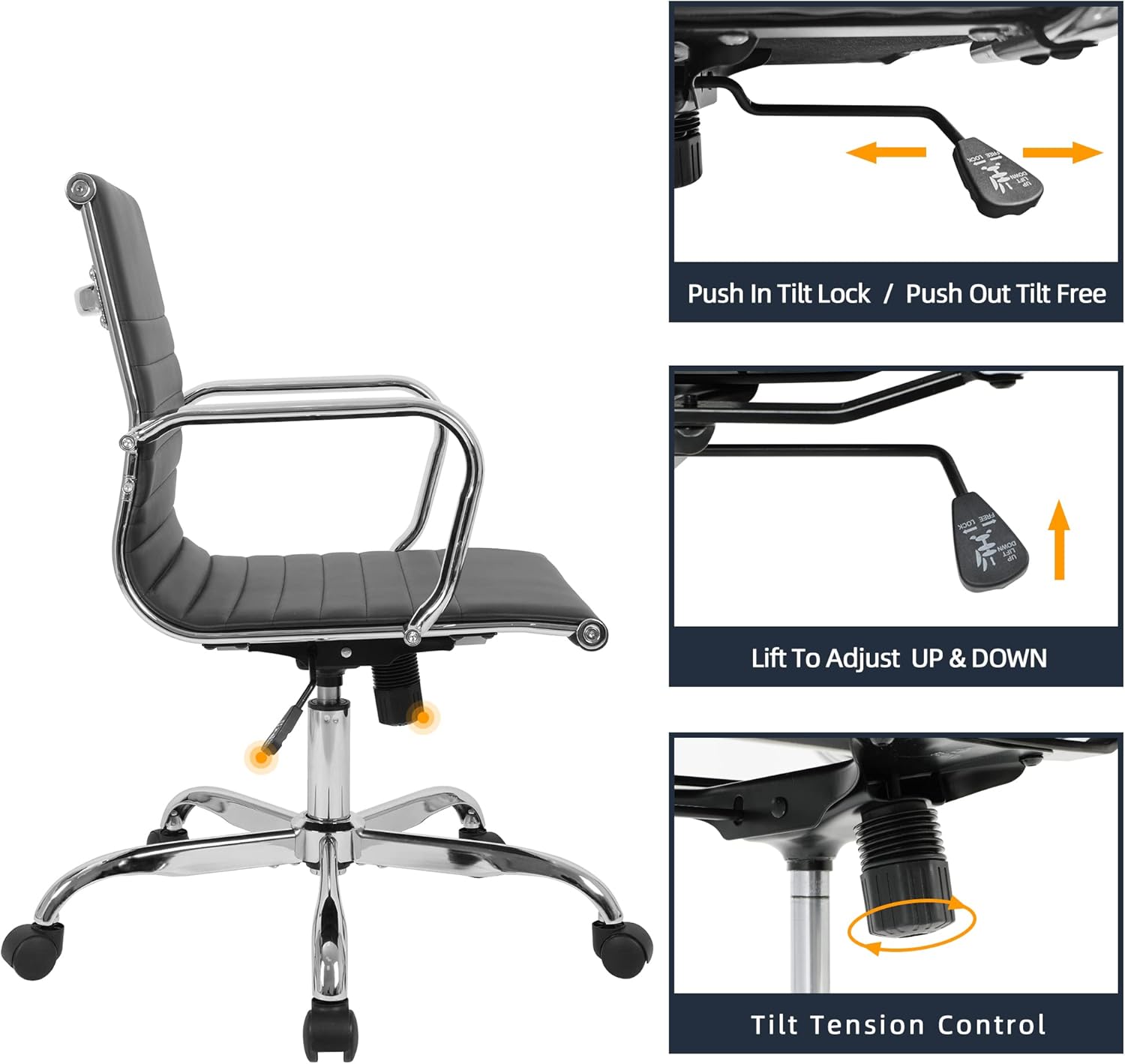 LANDSUN Home Office Chair Mid Back PU Leather Ribbed Swivel Tilt Adjustable Computer Desk Chair with Armrest Executive Conference Black