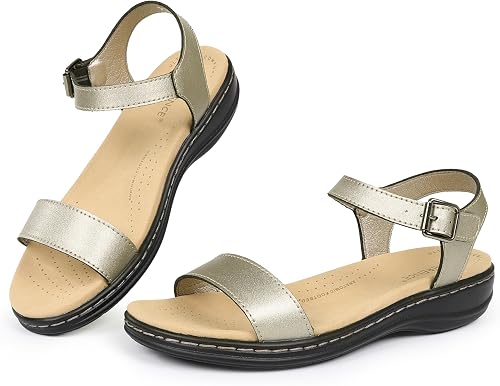 CIOR Leather Women Sandals with Arch Support, Comfortable Memory Foam Summer Bea