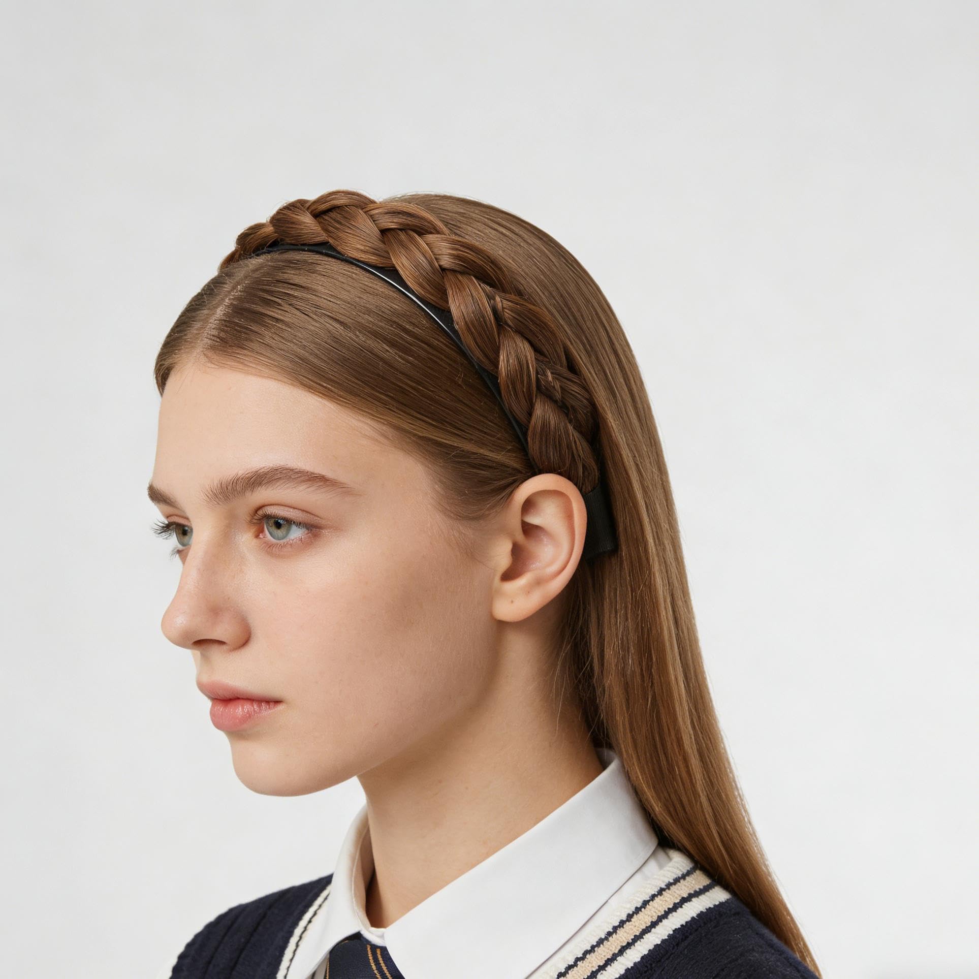 Serre-tête Tressé Large pour Femmes et Filles, Bandeau Cheveux Tressage Bohême avec Dents Antiglisse, Accessoire de Coiffure Synthétique, Châtain Clair
