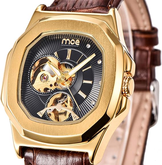 Amazon Manchda 自動巻機械式スケルトンスポーツ腕時計 メンズデザイン ラグジュアリーなアナログダイヤル B Skeleton Black Golden Dial Genuine Leather Strap メンズ腕時計 腕時計 通販