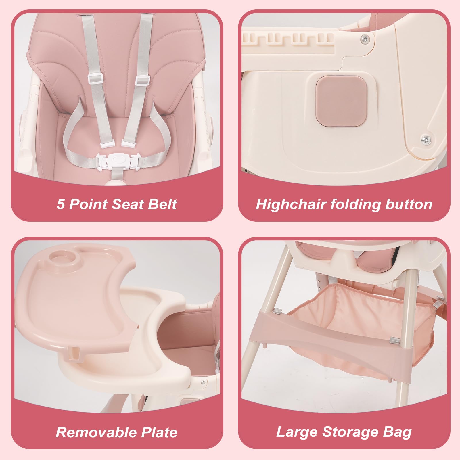 Trona Bebé Evolutiva 3 en 1, Plegable, Reclinable, Doble Bandeja Desmontable, con Ruedas Universales, 3 Respaldos Ajustables y Cinturón de Seguridad de 5 Puntos, Para Bebés a partir de 6 Meses, Rosa