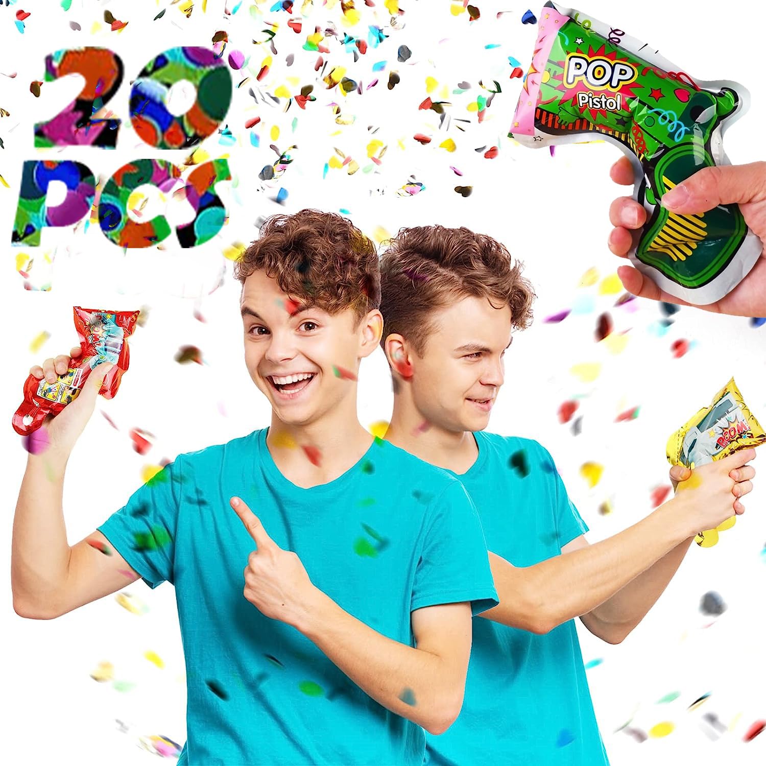ACMUST 20 Pcs Multicolor Inflatable Confetti Poppers Gun, Handheld Fireworks Shooter for Birthday, Wedding, Parties - Glitter Paper Favors, Fire Effect, Toy Gun for Party Fun