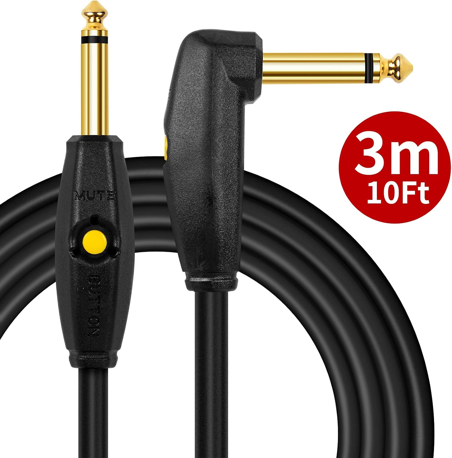 Kmise Guitar Cable - 10 ft Electric Instrument Cable with Mute Button,1/4 Right Angle to Straight for Electric Guitar, Bass Guitar, Keyboard, Pro Audio (10 Feet)