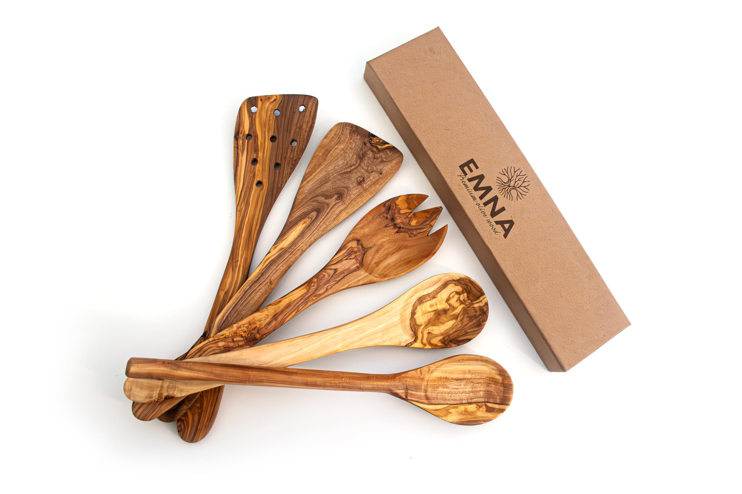 EMNA - 5-teiliges Olivenholz Küchenset | Das perfekte Geschenk für anspruchsvolle Feinschmecker | Geschenkset | Hauch von Eleganz für den kulinarischen Genießer | Handgefertigt | besondere Kochmomente