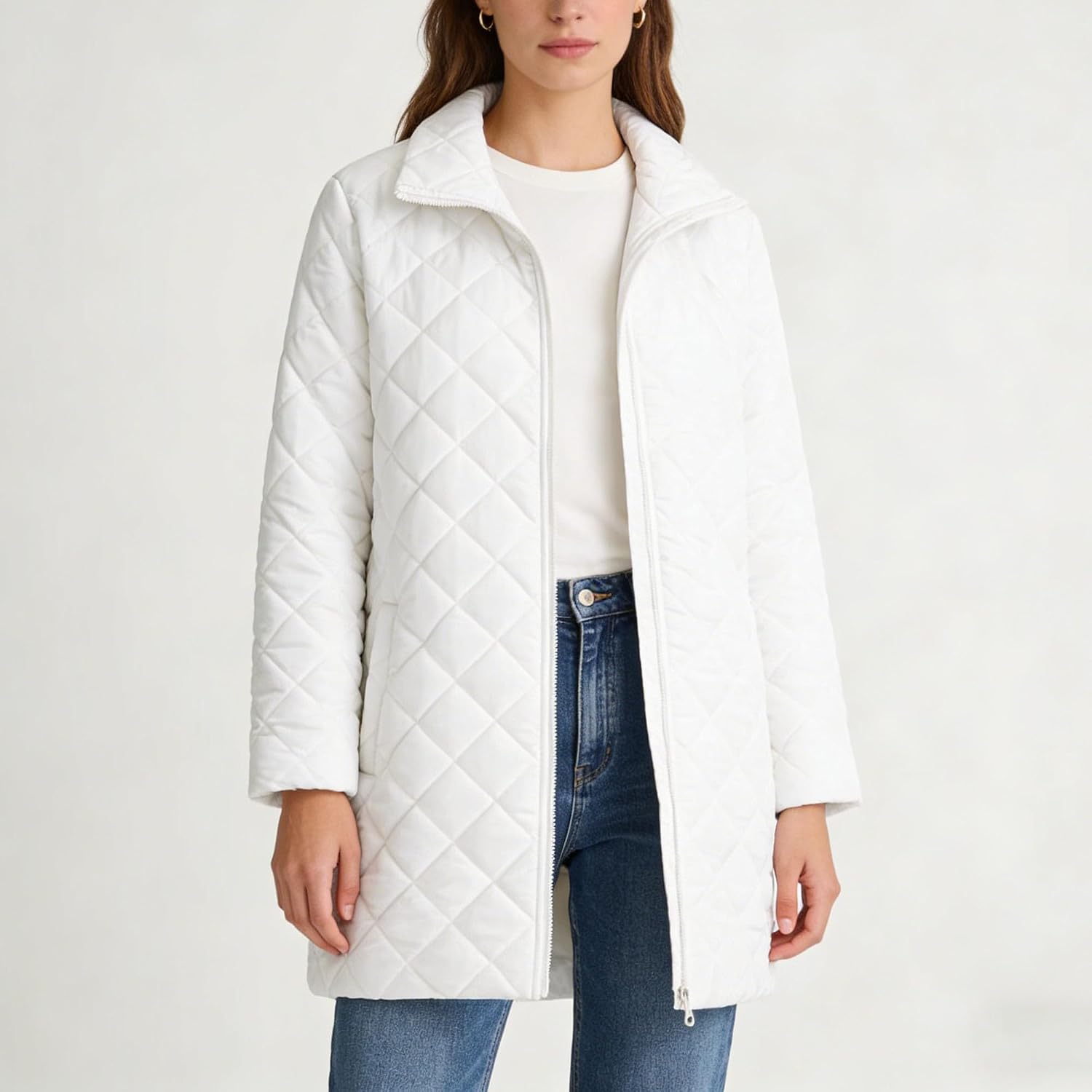 Women’s Quilted Puffer Coat Stand Collar Zip-up Winter Jacket Padded Coat with Pockets Warm Outerwear Puffer Coats