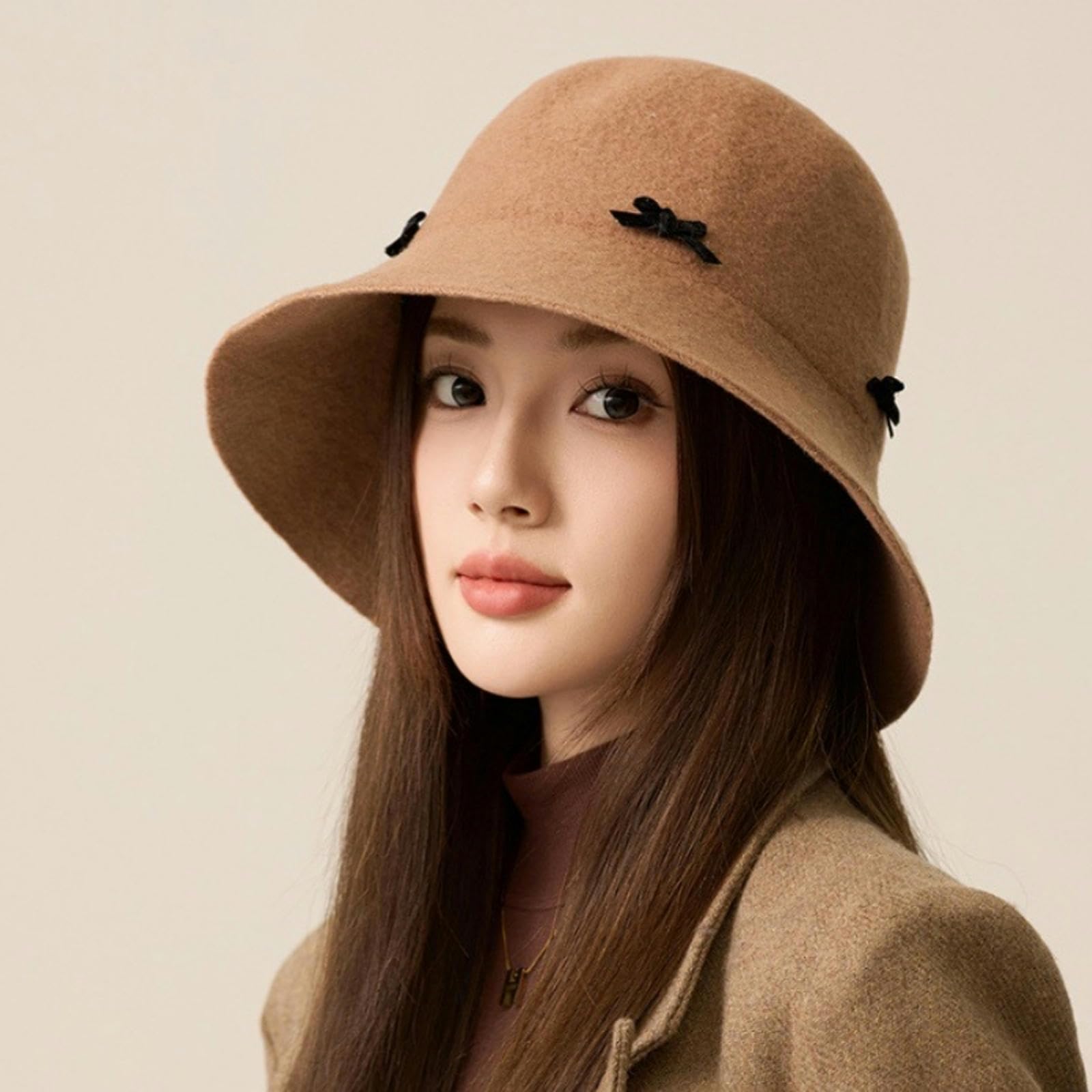 Cappello Cappello da Feltro di Cloche Invernale da Donna, Cappello da Secchio Caldo, Cappello in Pelle Scamosciata Vintage-Brown-b